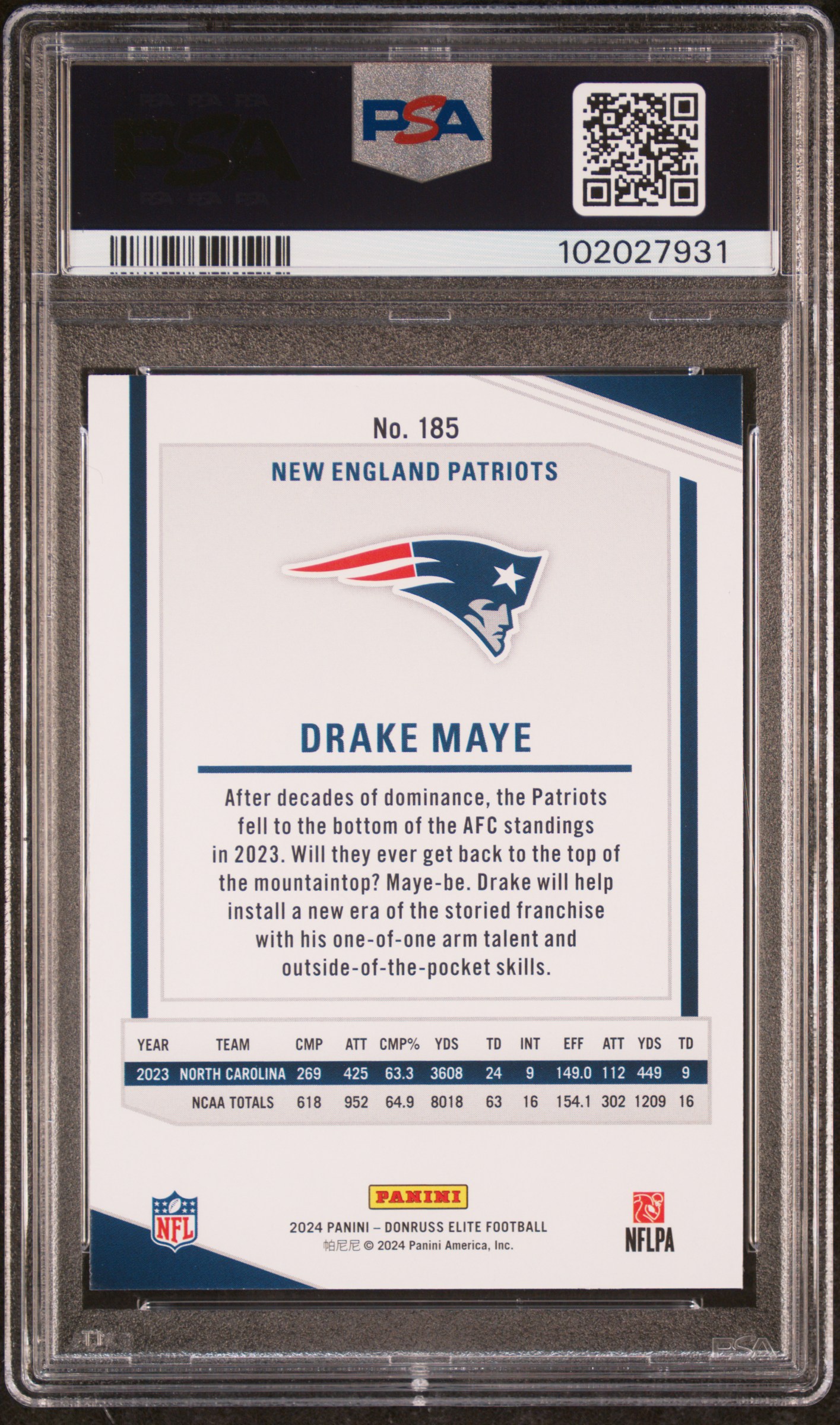 2024 Panini Donruss Elite Drake Maye #185 (Green Disco) Nm 7 back