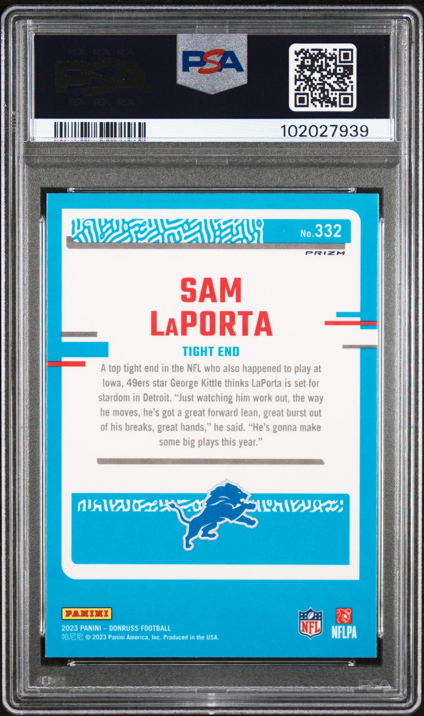 2023 Panini Donruss Sam Laporta #332 (Optic Preview-Blue Scope) Gem Mt 10 back