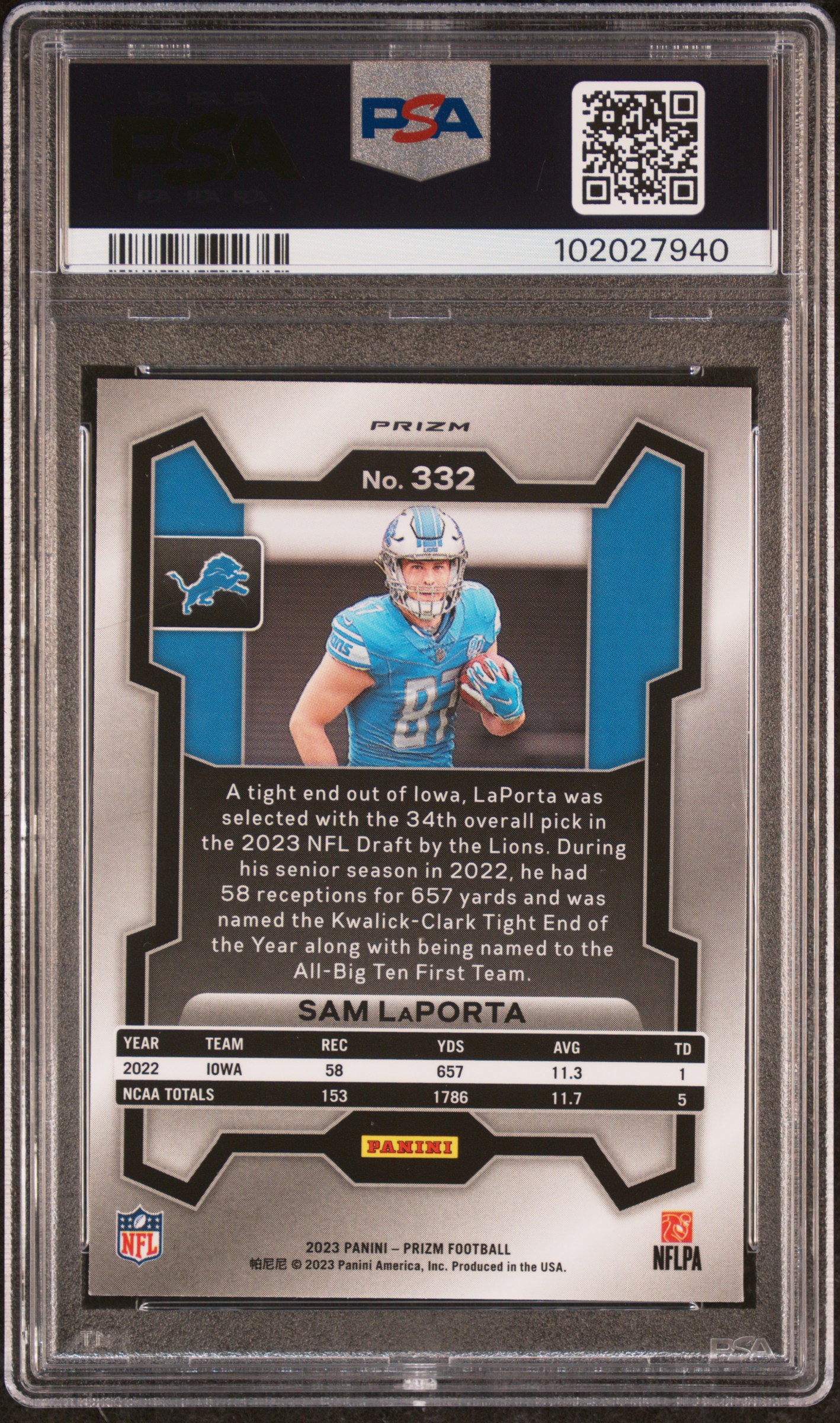 2023 Panini Prizm Sam Laporta #332 (Silver Prizm) Mint 9 back