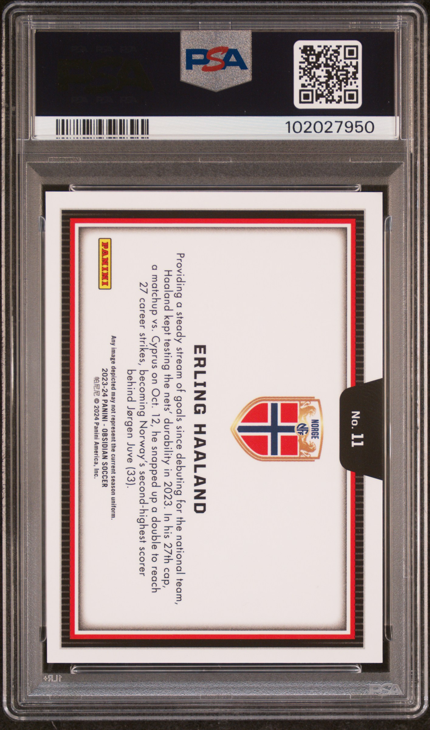 2023 Panini Obsidian Black Color Blast Erling Haaland #11 Gem Mt 10 back