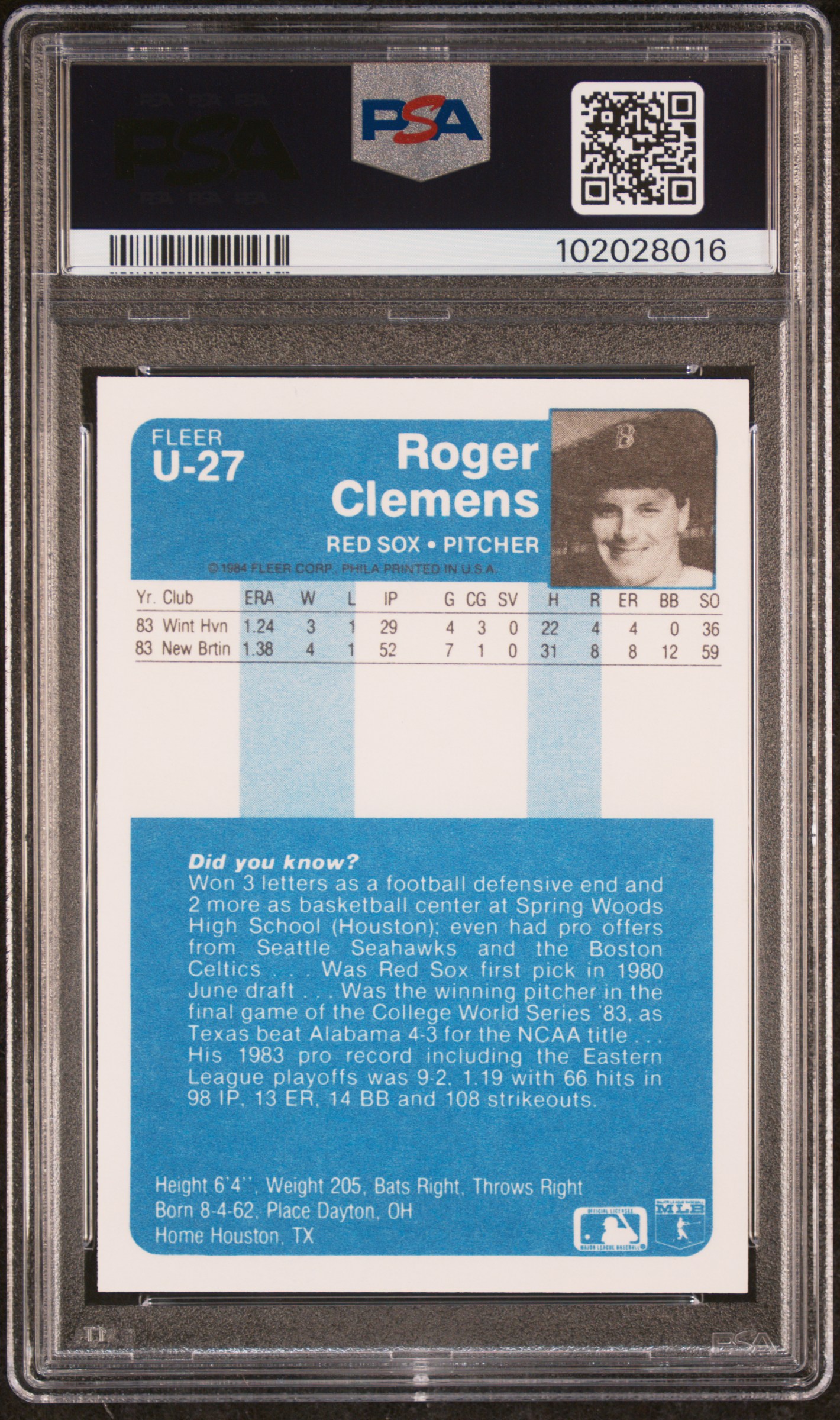 1984 Fleer Update Roger Clemens #U-27 Nm-Mt 8 back