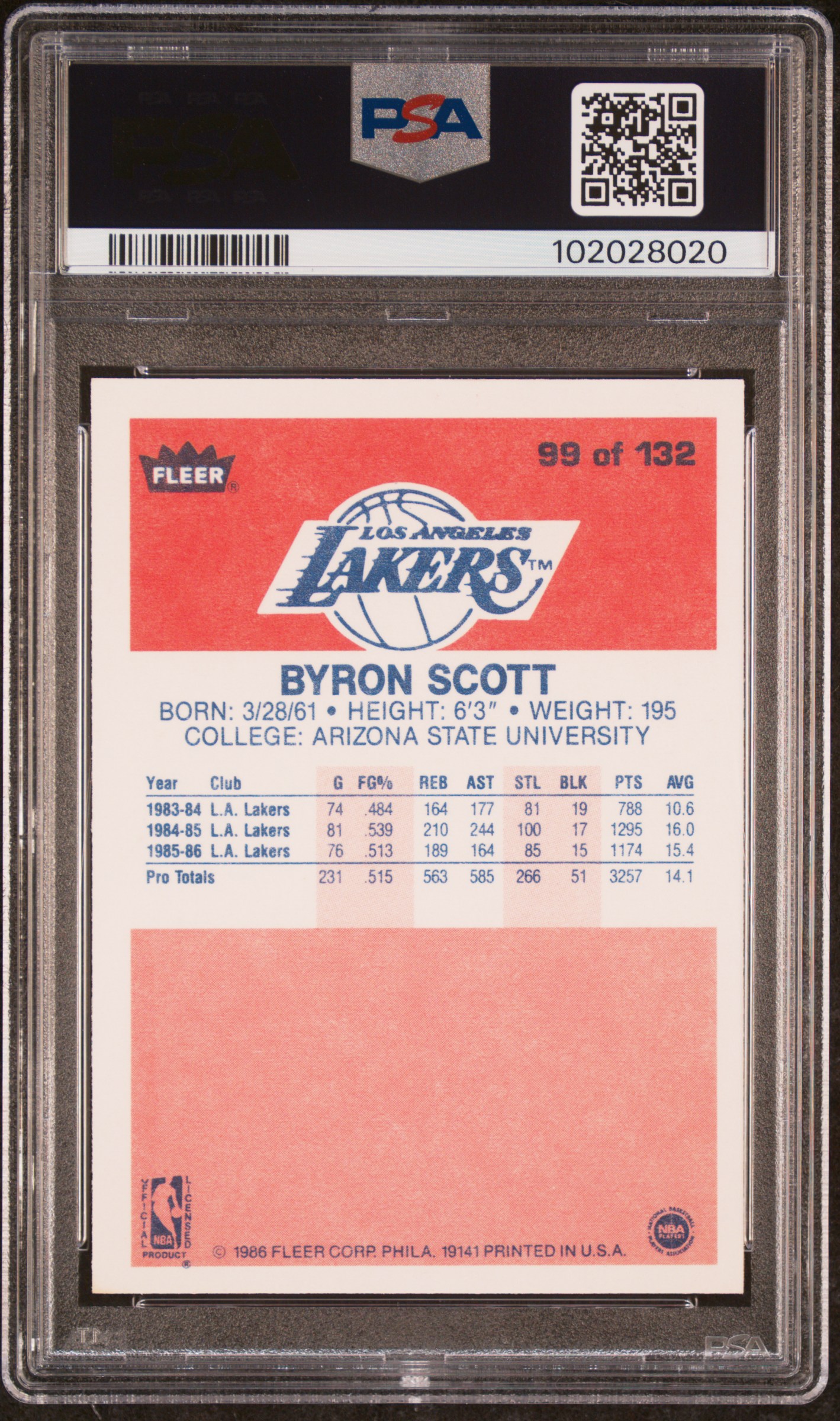 1986 Fleer Byron Scott #99 Mint 9 back