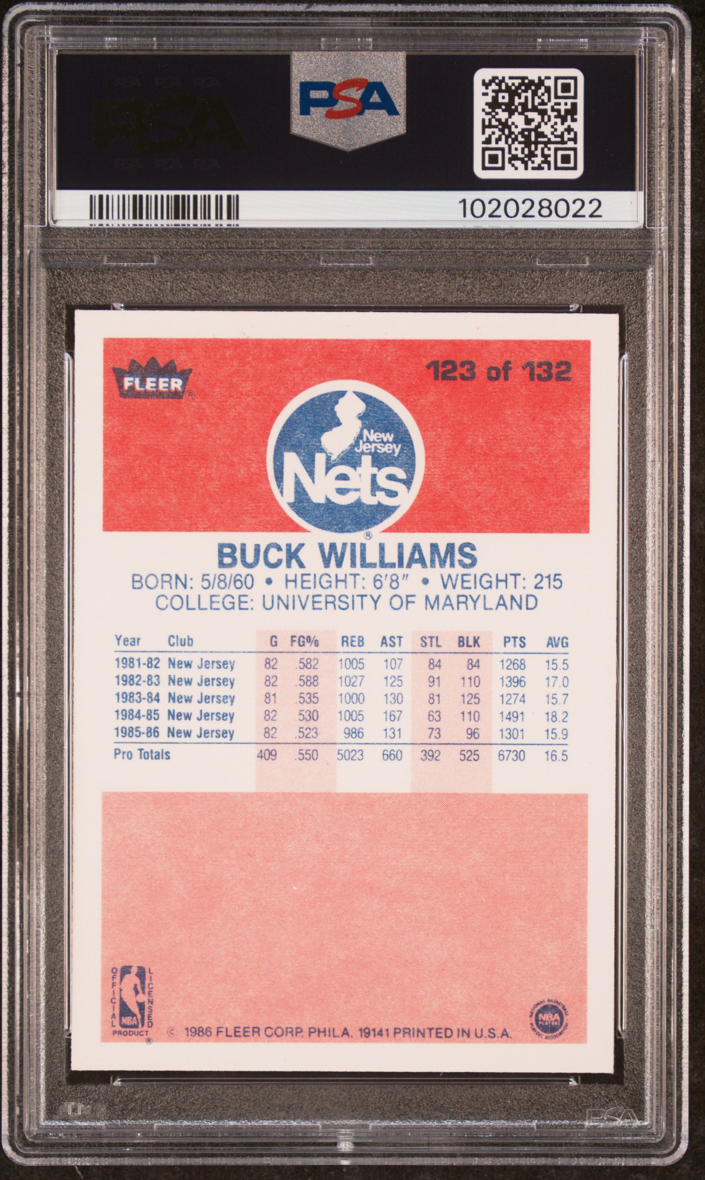 1986 Fleer Buck Williams #123 Nm-Mt 8 back