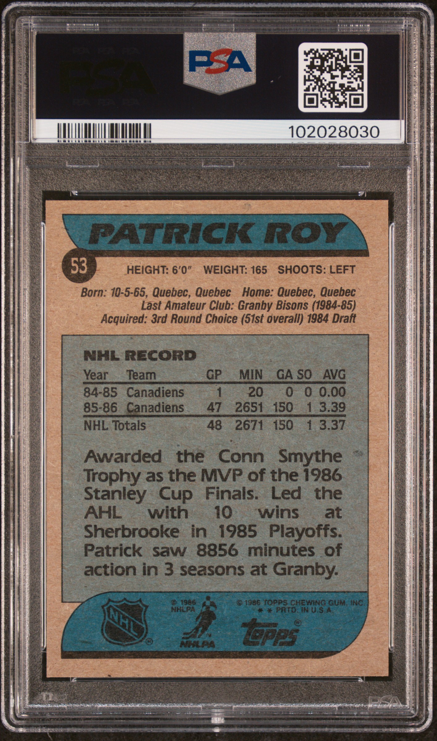 1986 Topps Patrick Roy #53 Nm-Mt 8 back