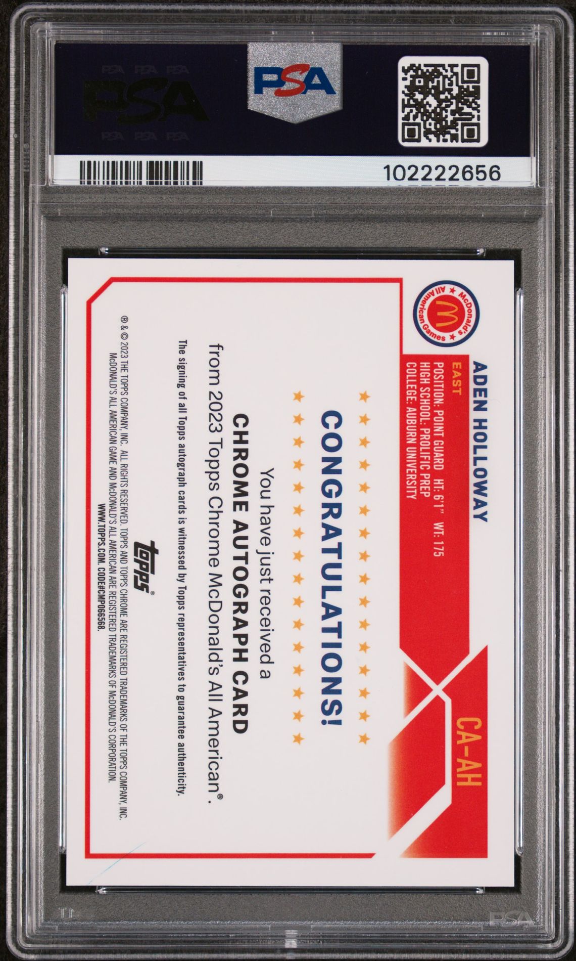 2023 Topps Chrome Mcdonald's All-American Autographs Aden Holloway #Ah Mint 9 back