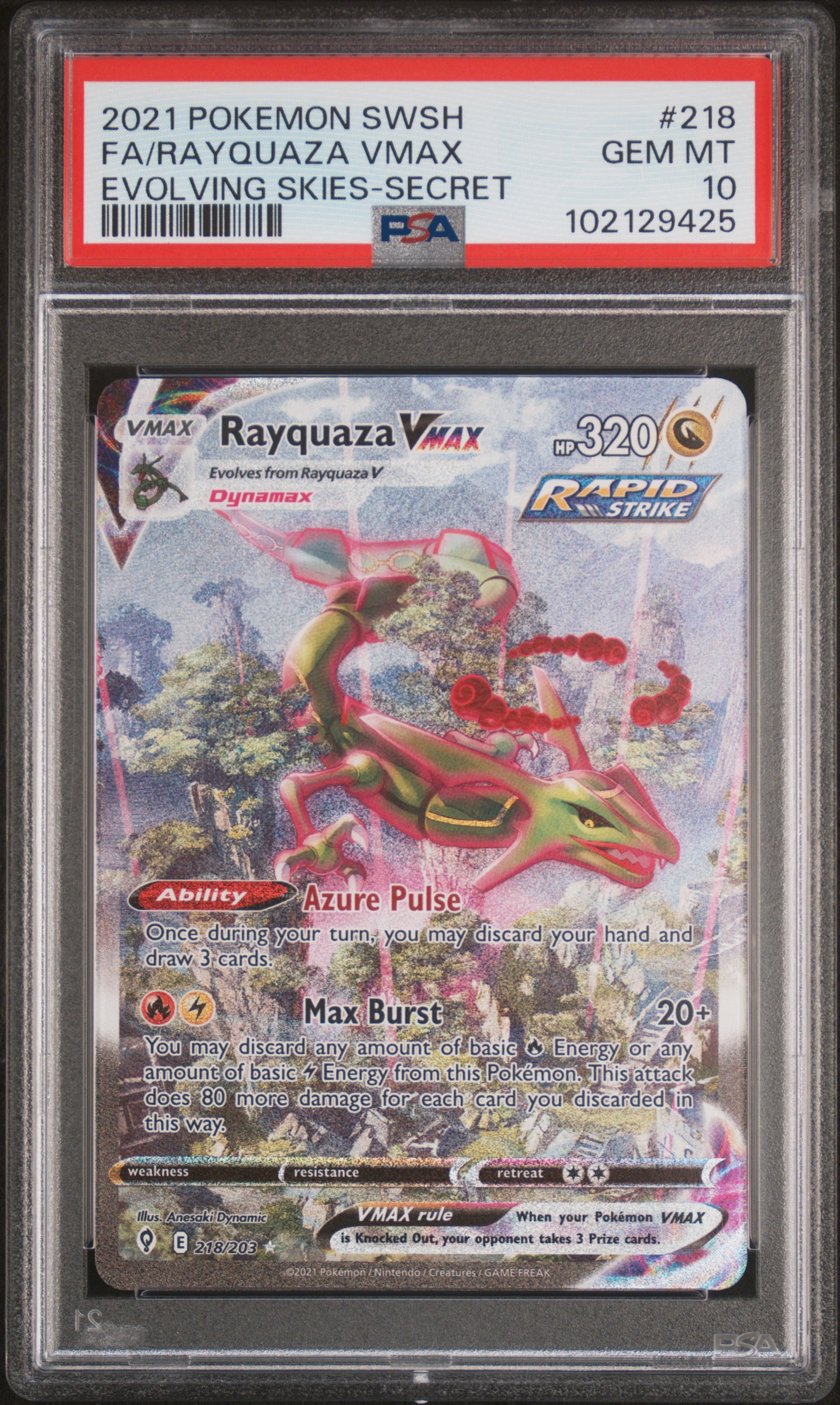 2021 Pokemon Sword & Shield Evolving Skies Fa/Rayquaza Vmax #218 (Evolving Skies-Secret) Gem Mt 10 front