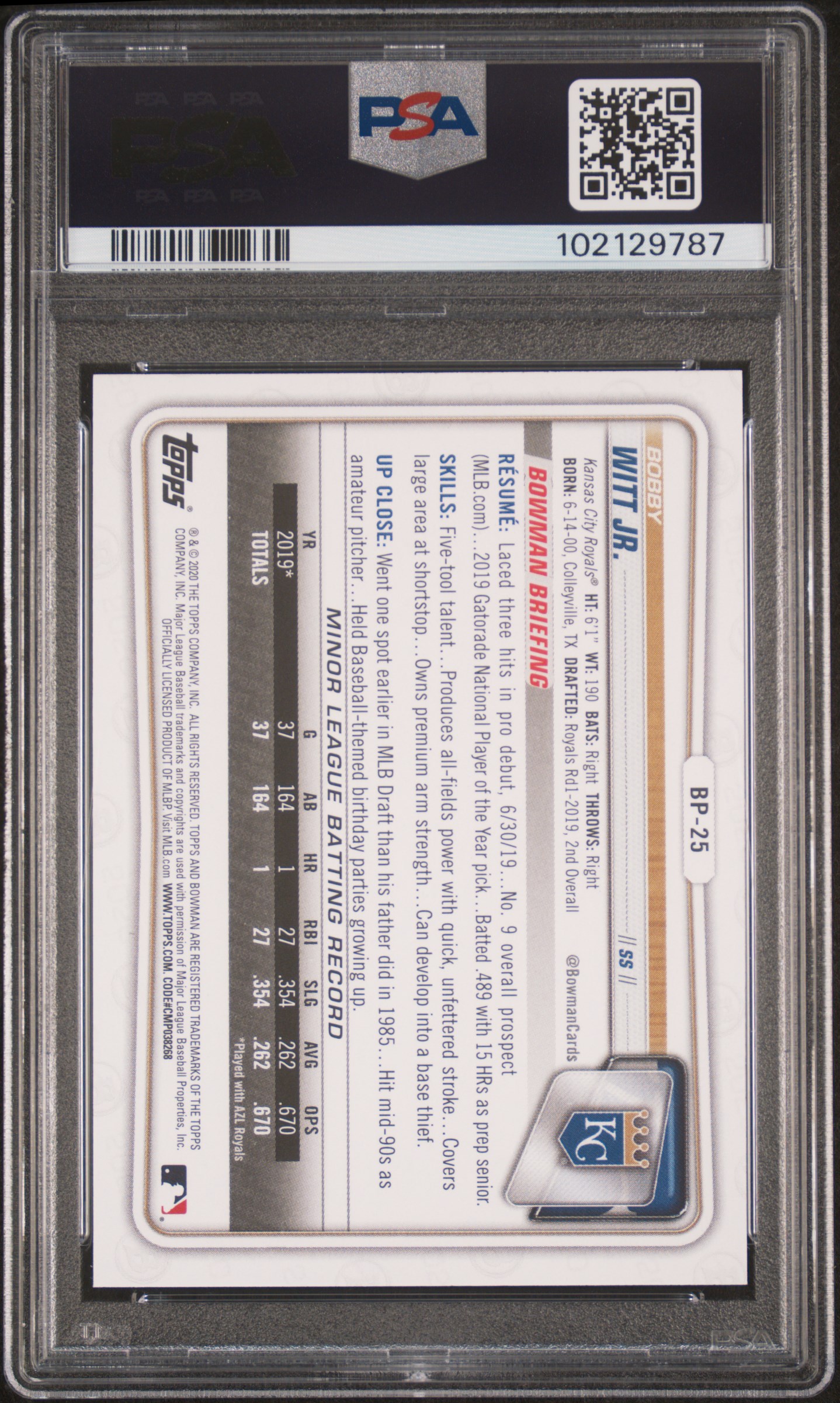 2020 Bowman Paper Prospects Bobby Witt Jr. #Bp25 (Paper Prospects) Gem Mt 10 back