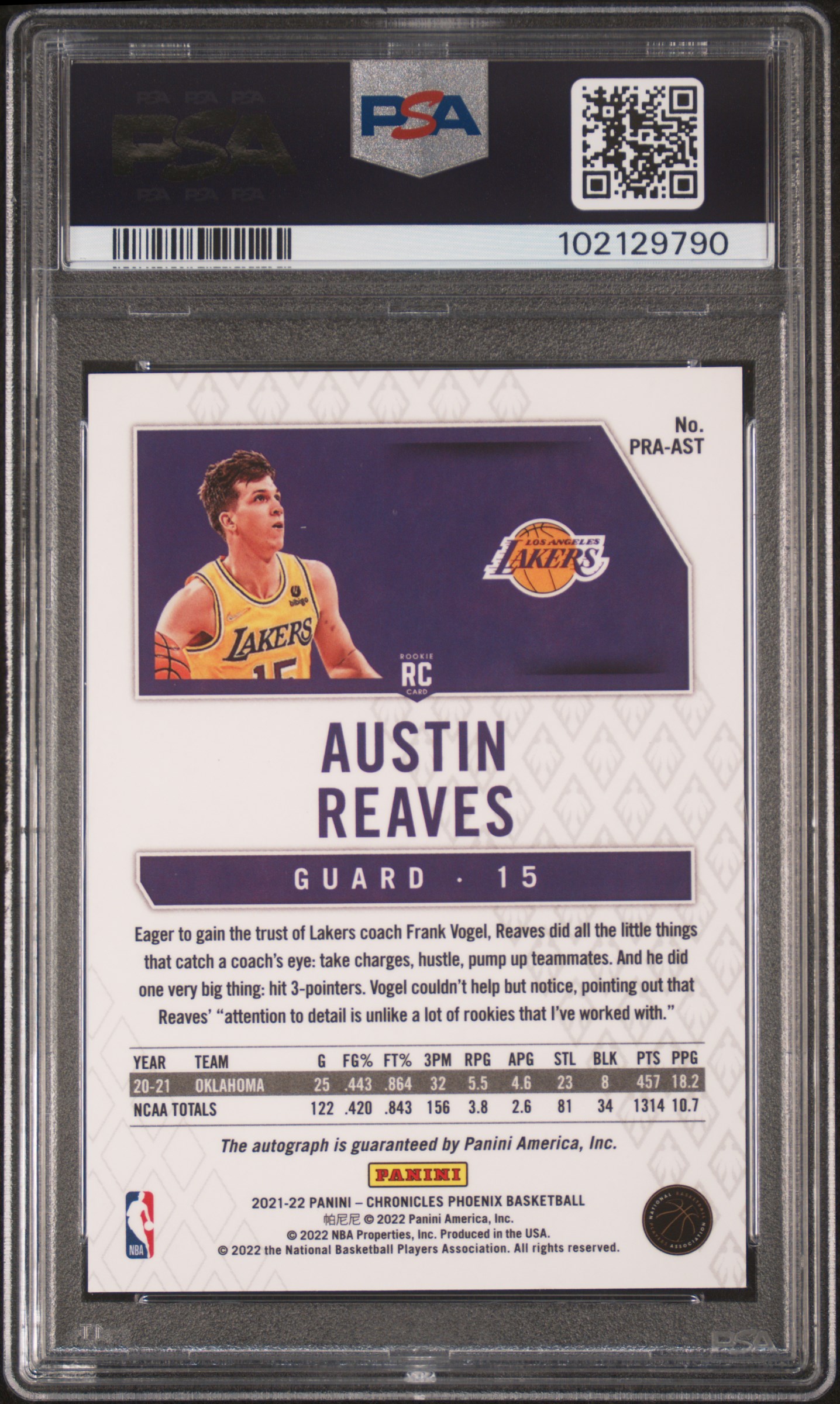2021 Panini Chronicles Phoenix Rookie Autographs Austin Reaves #Praast (Phoenix Rke.au-Red) Mint 9 back