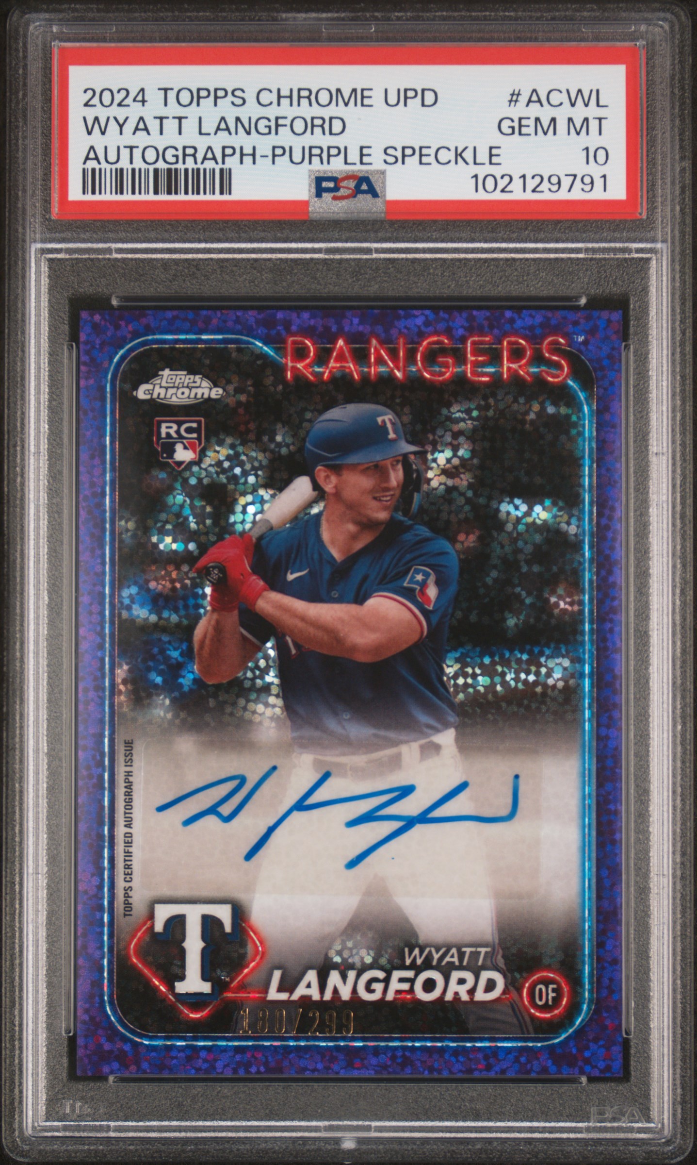 2024 Topps Chrome Update Chrome Baseball Update Series Autographs Wyatt Langford #Acwl (Autograph-Purple Speckle) Gem Mt 10 front