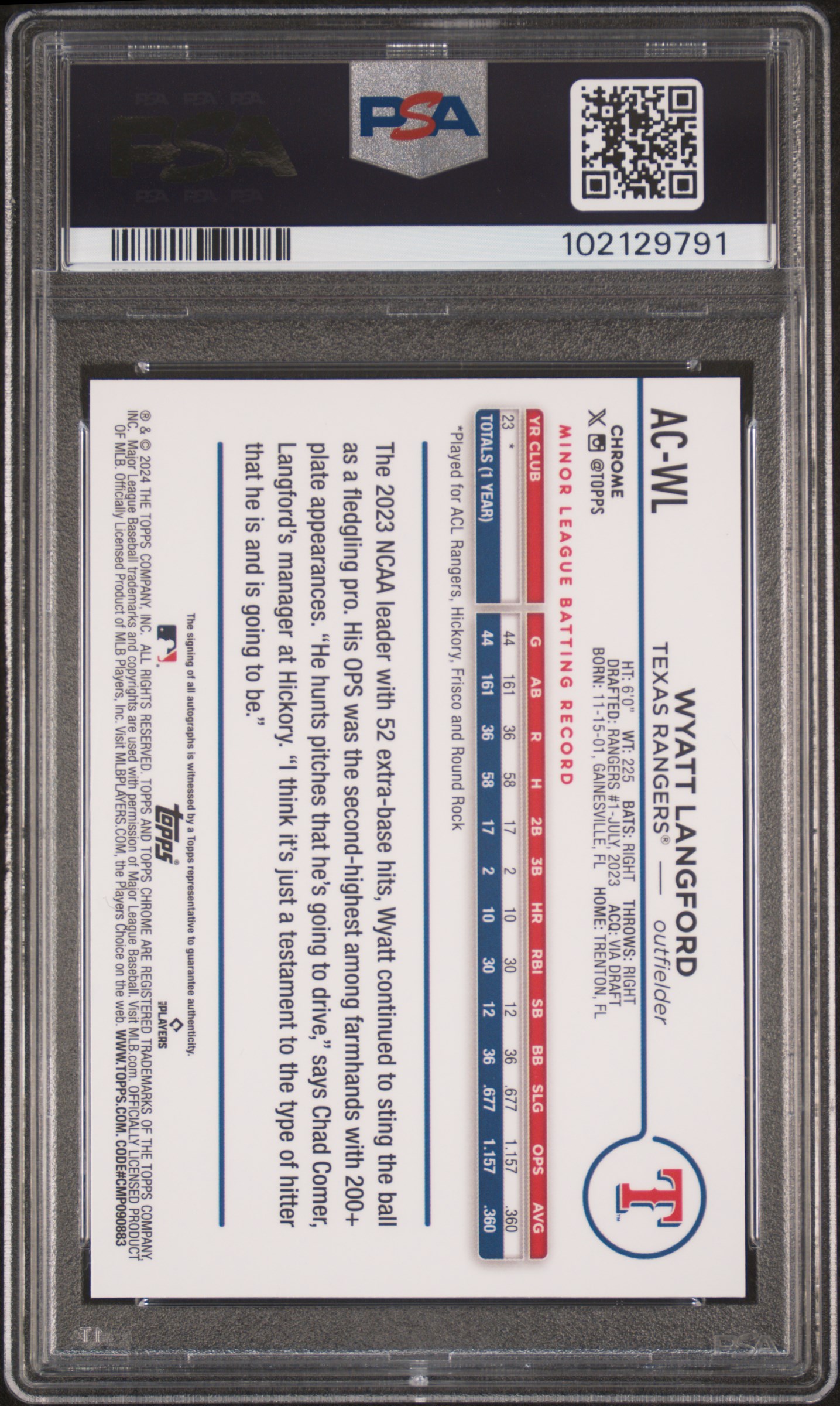 2024 Topps Chrome Update Chrome Baseball Update Series Autographs Wyatt Langford #Acwl (Autograph-Purple Speckle) Gem Mt 10 back