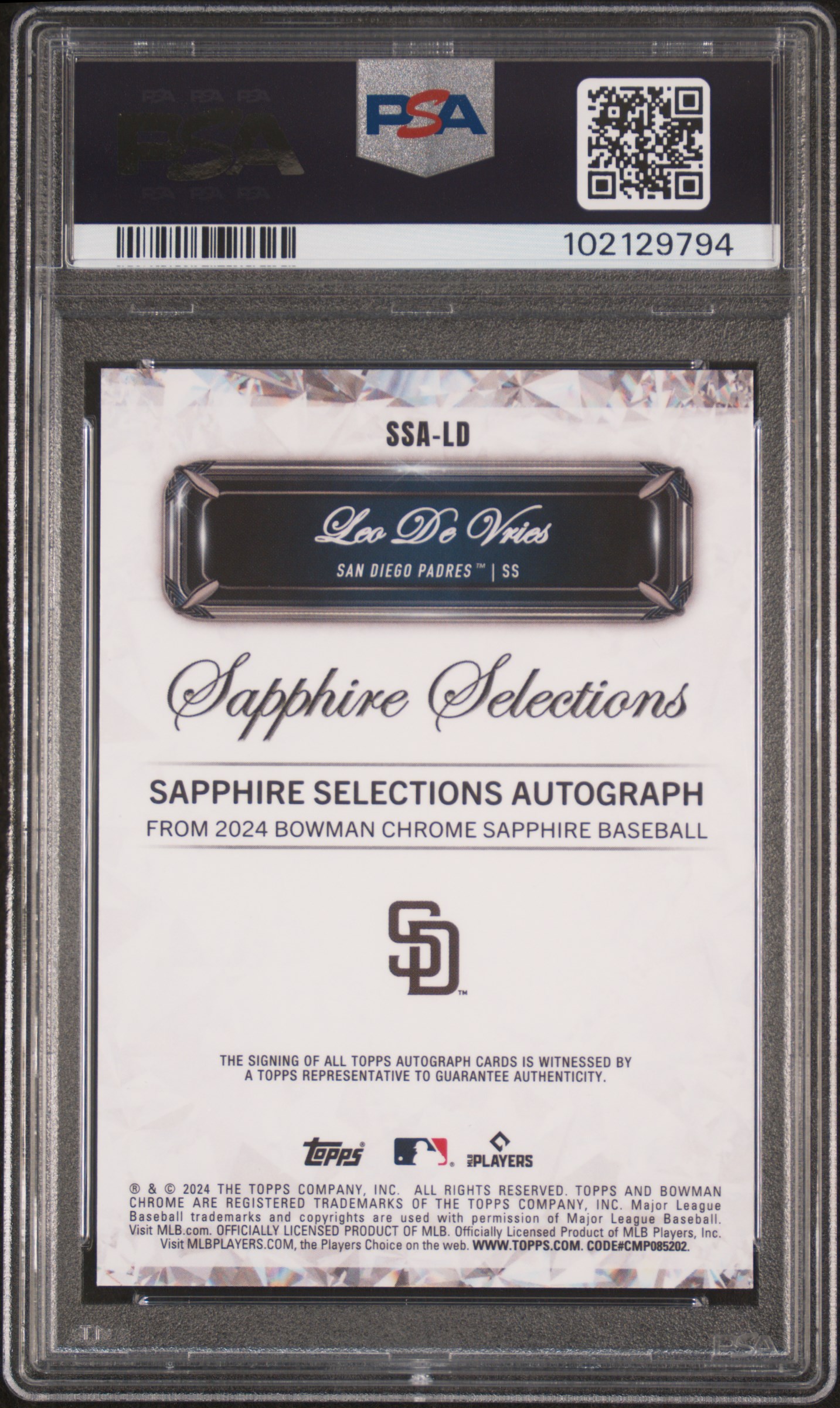 2024 Bowman Chrome Sapphire Edition Sapphire Selections Autographs Leo De Vries #Ssald (Sapphire Selections Auto) Gem Mt 10 back