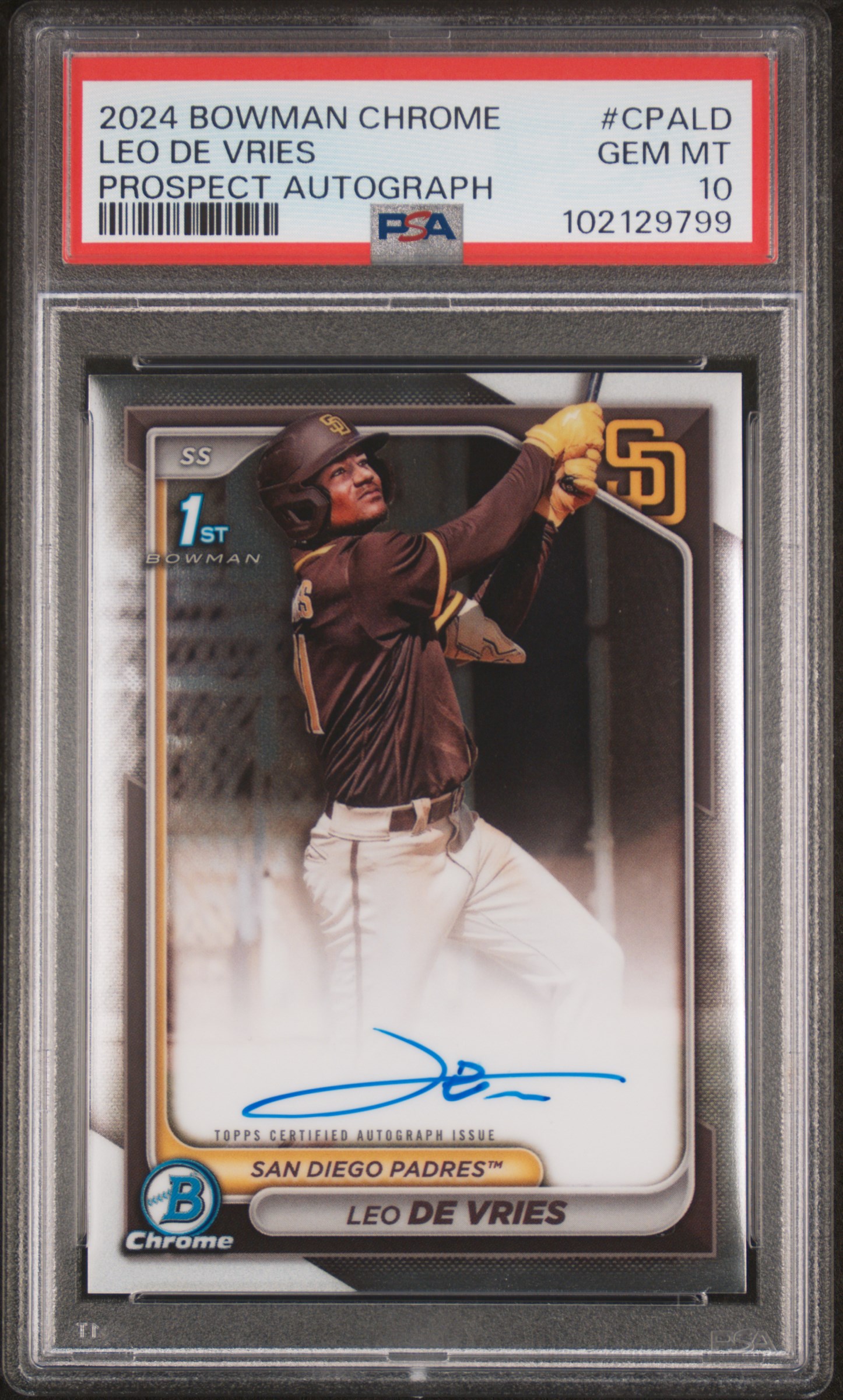 2024 Bowman Chrome Prospect Autographs Leo De Vries #Cpald (Prospect Autograph) Gem Mt 10 front