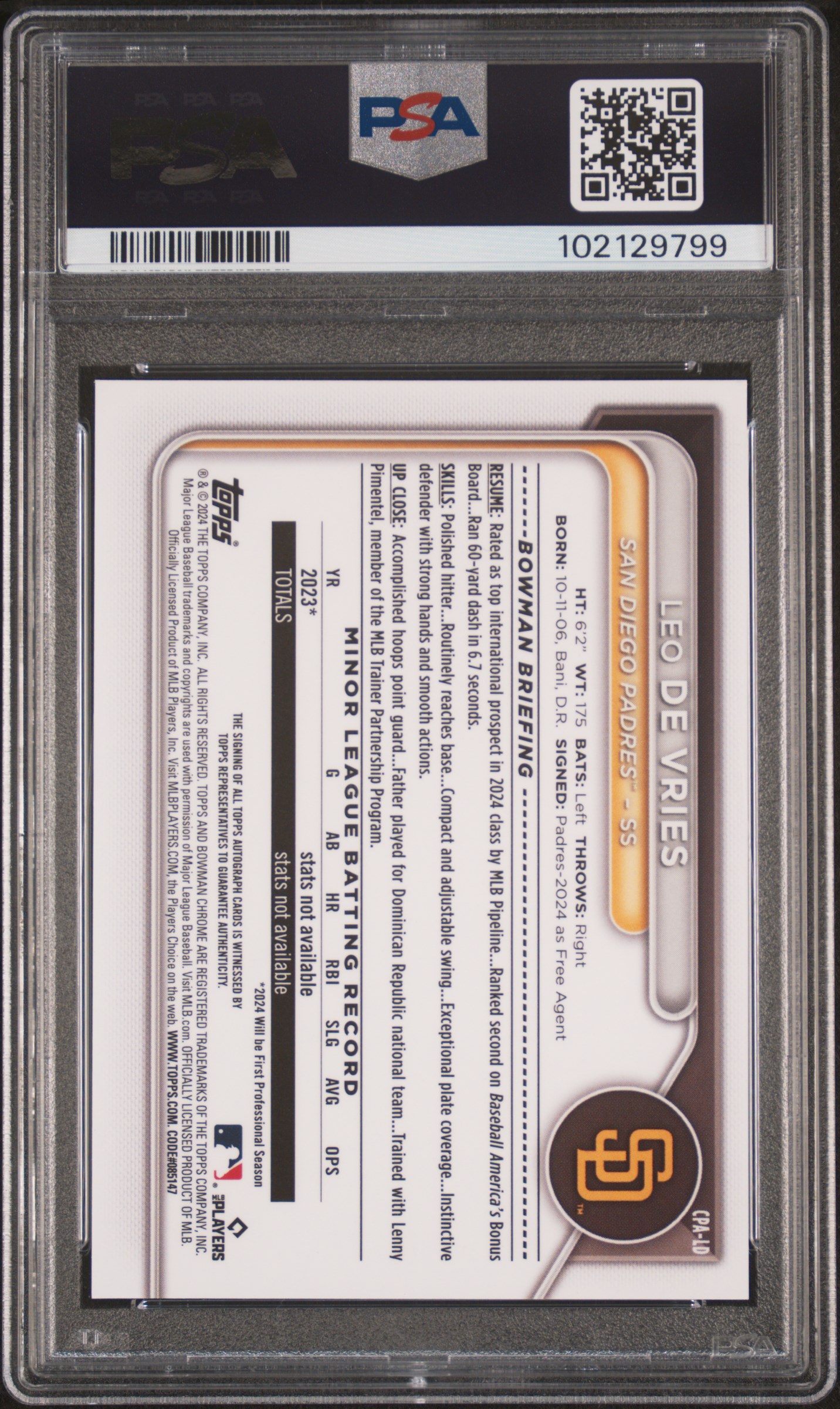 2024 Bowman Chrome Prospect Autographs Leo De Vries #Cpald (Prospect Autograph) Gem Mt 10 back