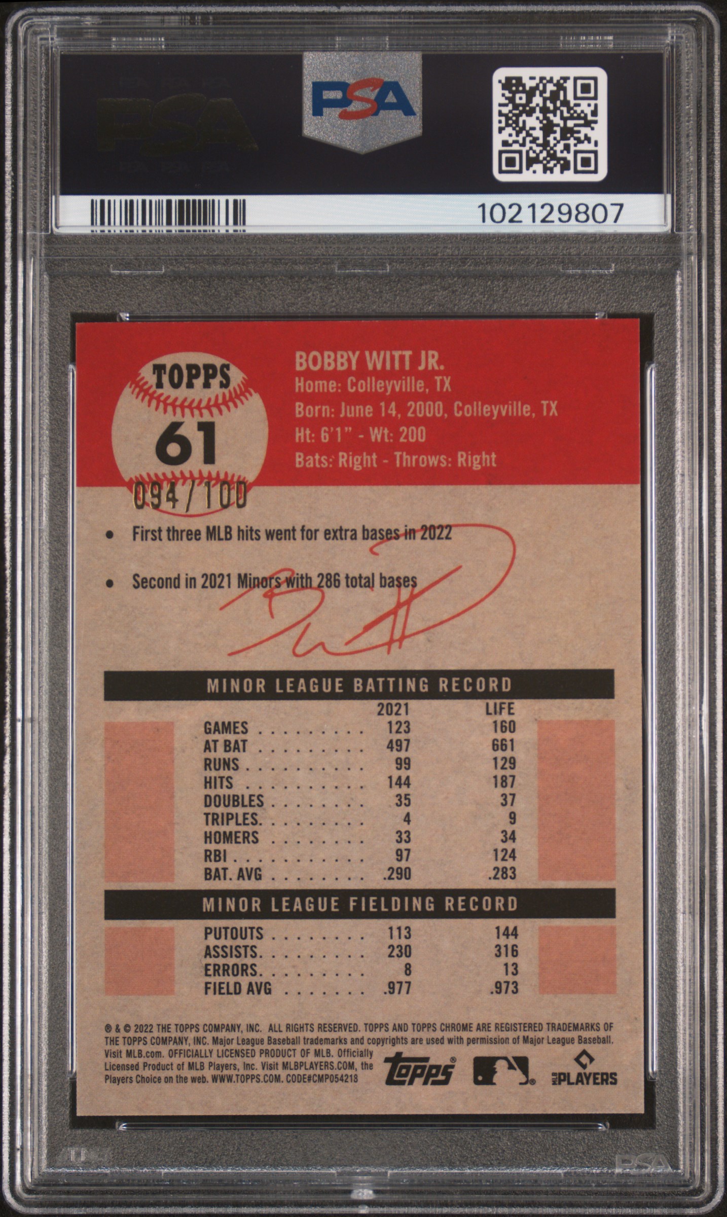 2022 Topps Chrome Platinum Anniversary Bobby Witt Jr. #61 (Plt Toile Cream/Fchs Atmc Ref) Mint 9 back