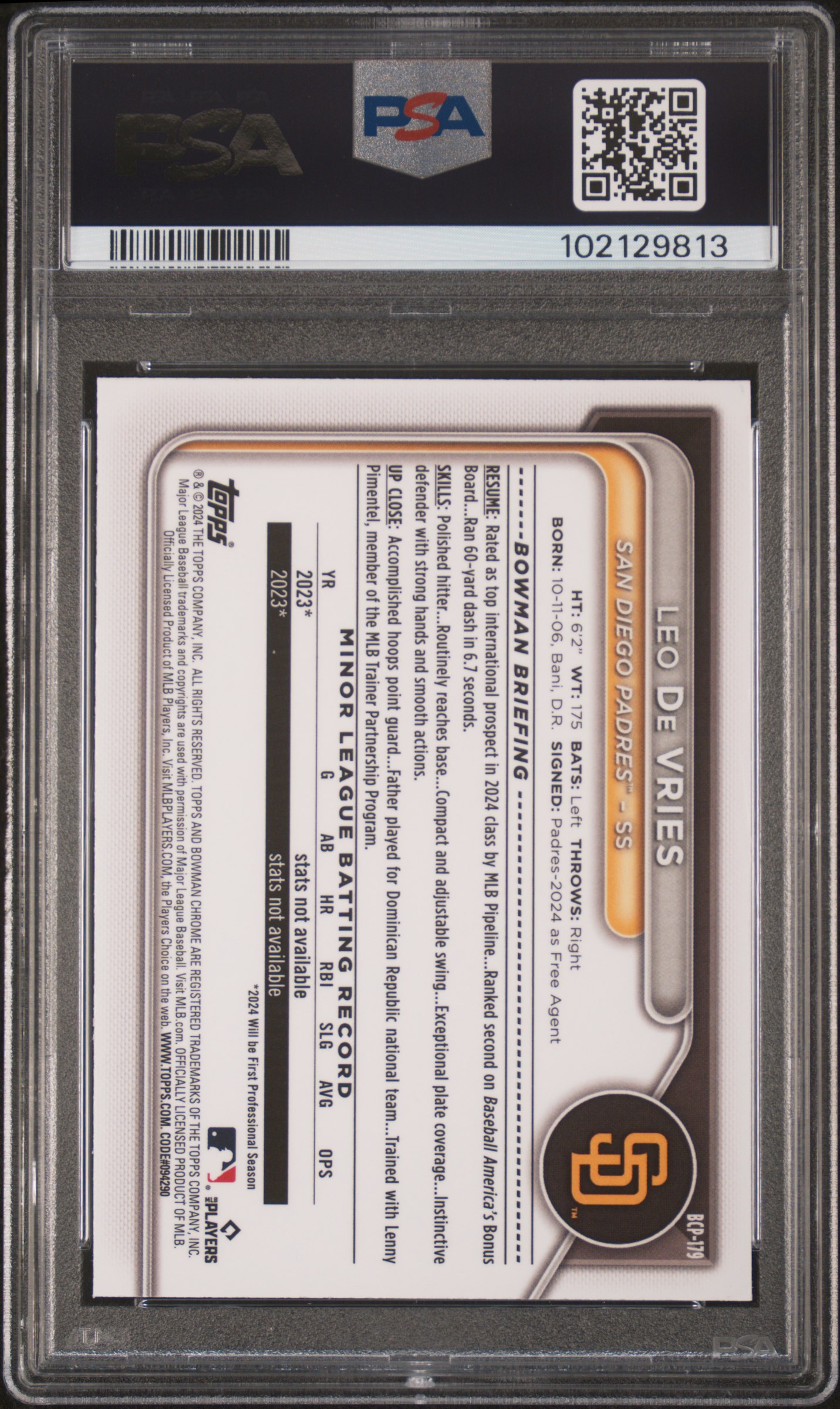 2024 Bowman Mega Box Chrome Prospects Leo De Vries #179 (Prospects) Gem Mt 10 back