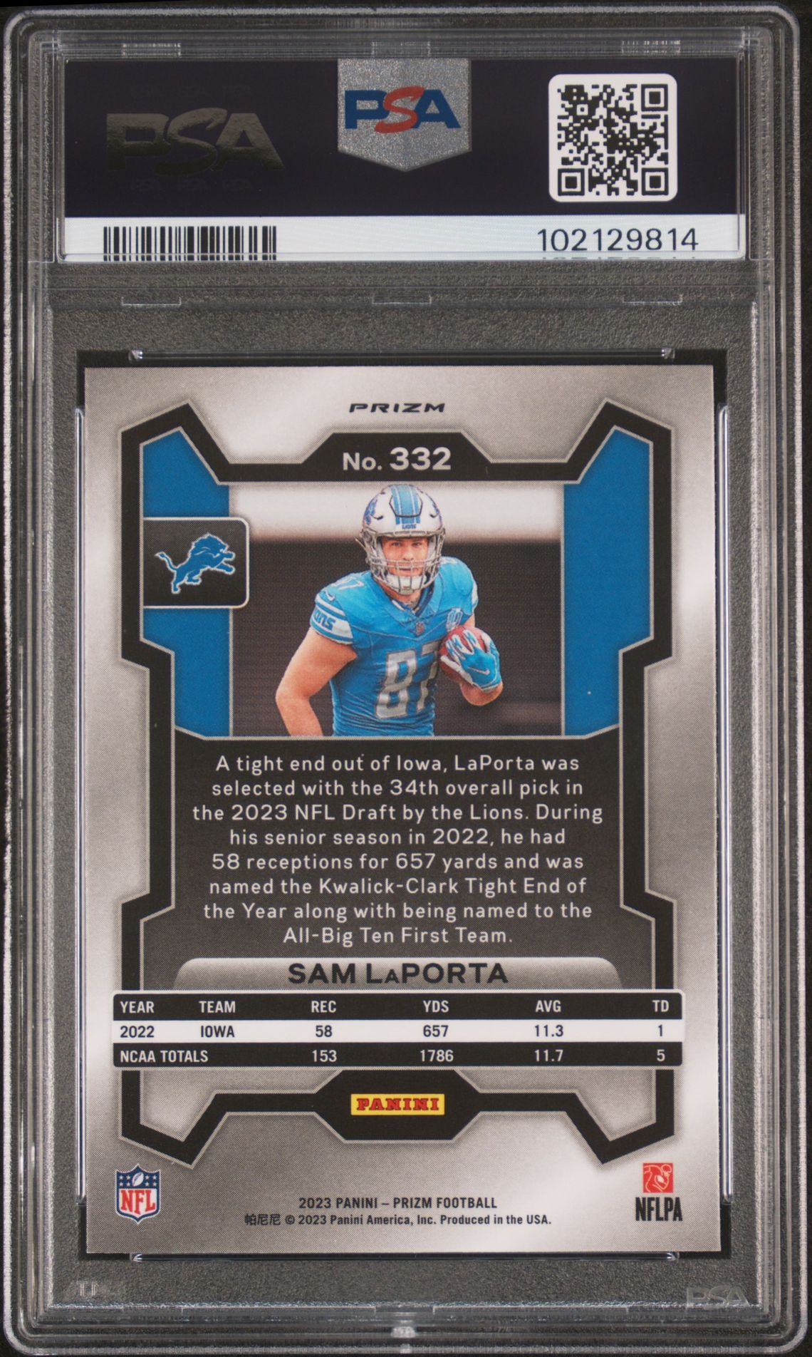 2023 Panini Prizm Sam Laporta #332 (Green Prizm) Gem Mt 10 back