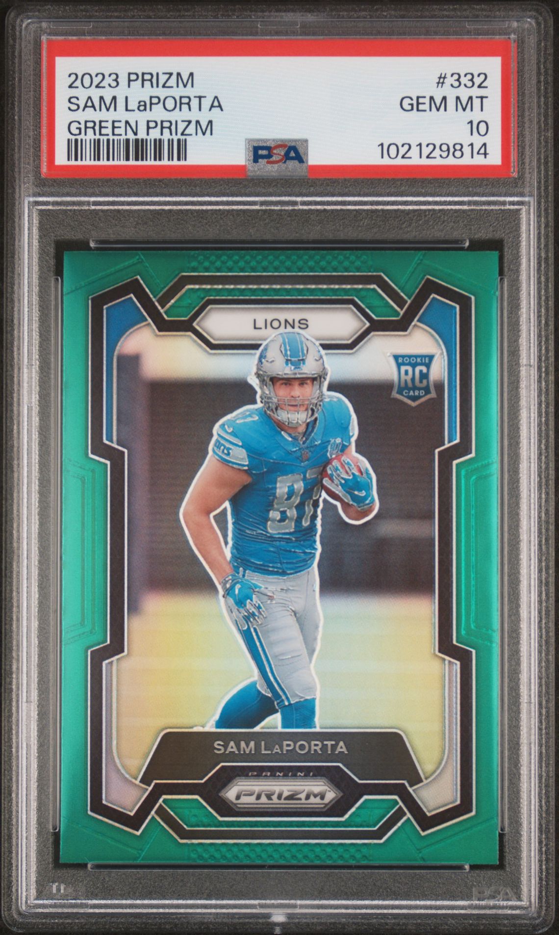 2023 Panini Prizm Sam Laporta #332 (Green Prizm) Gem Mt 10 front