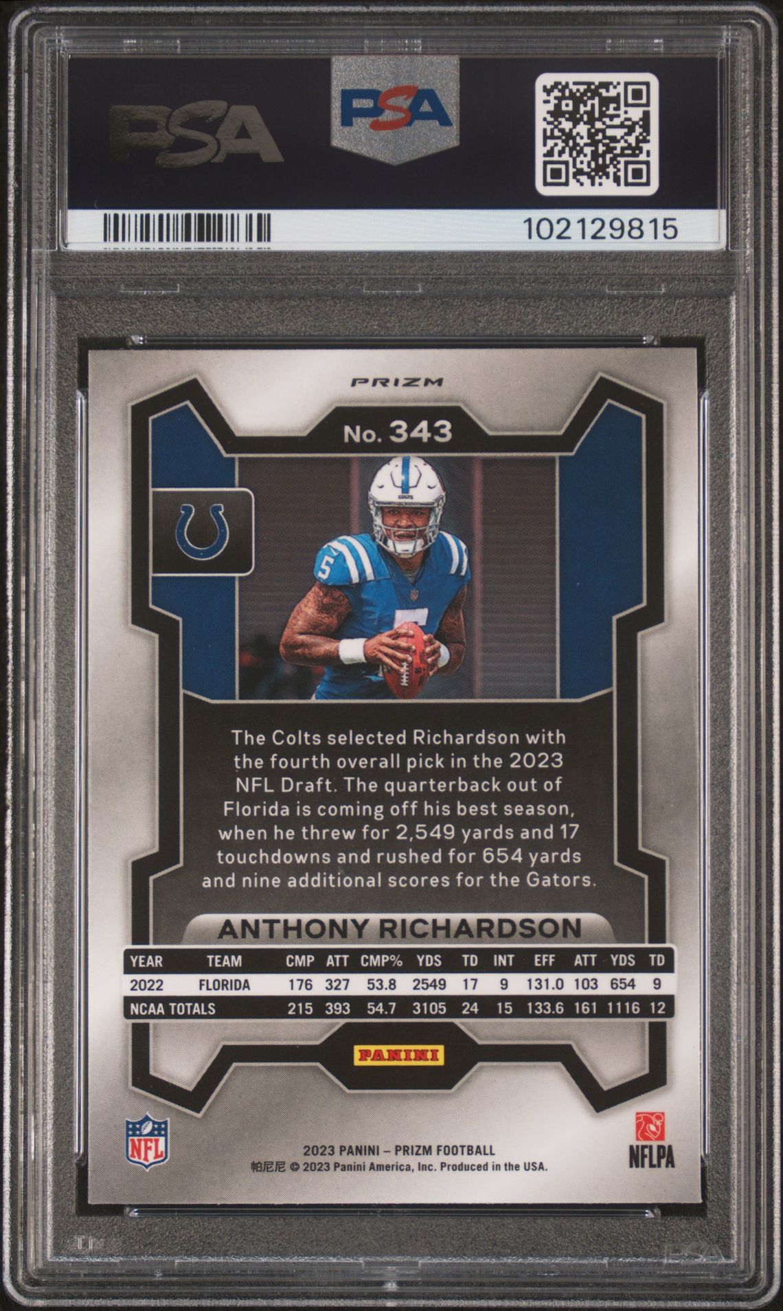 2023 Panini Prizm Anthony Richardson #343 (Silver Prizm) Mint 9 back