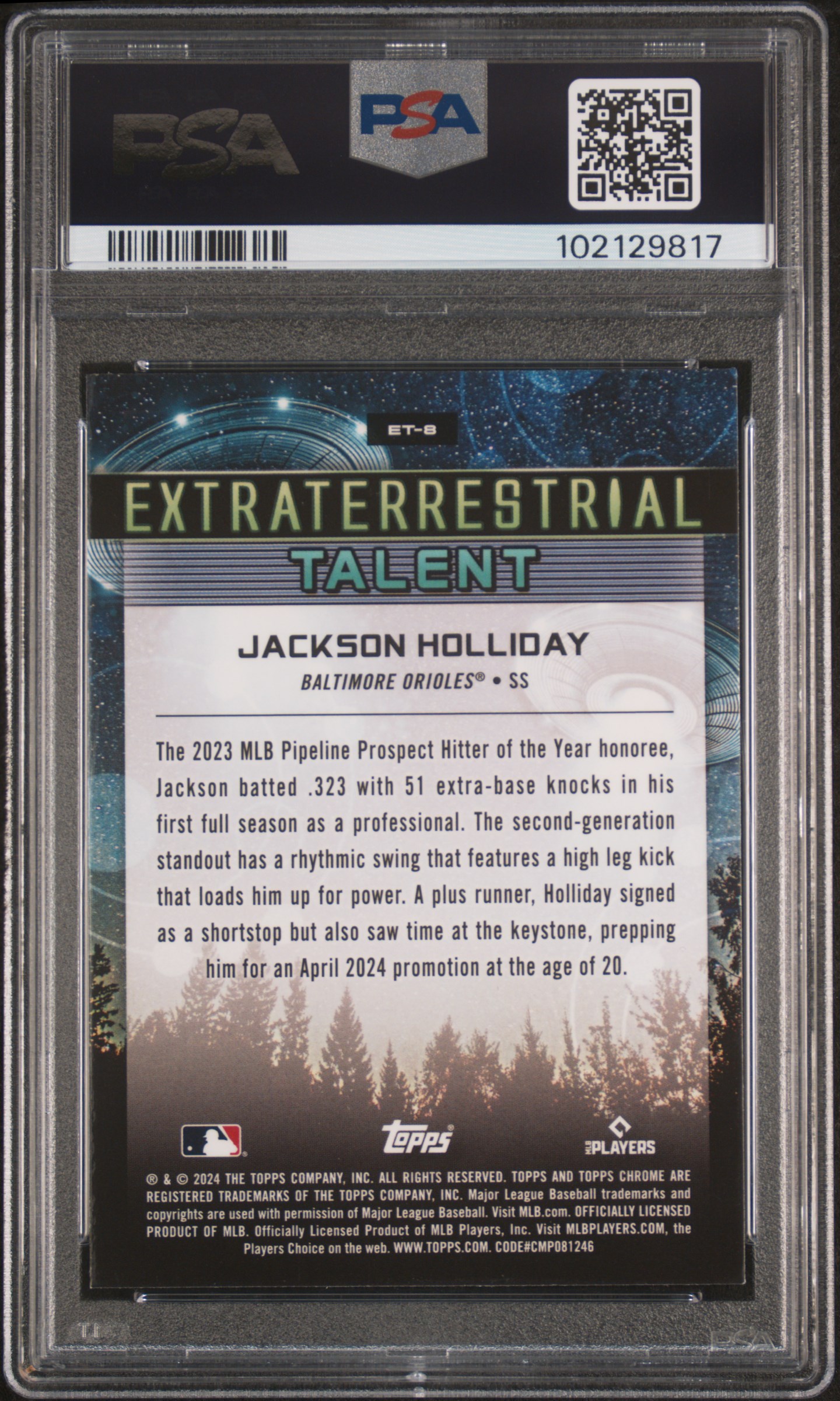 2024 Topps Chrome Cosmic Extraterrestrial Talent Jackson Holliday #Et8 (Et-Green Space Dust Ref) Gem Mt 10 back