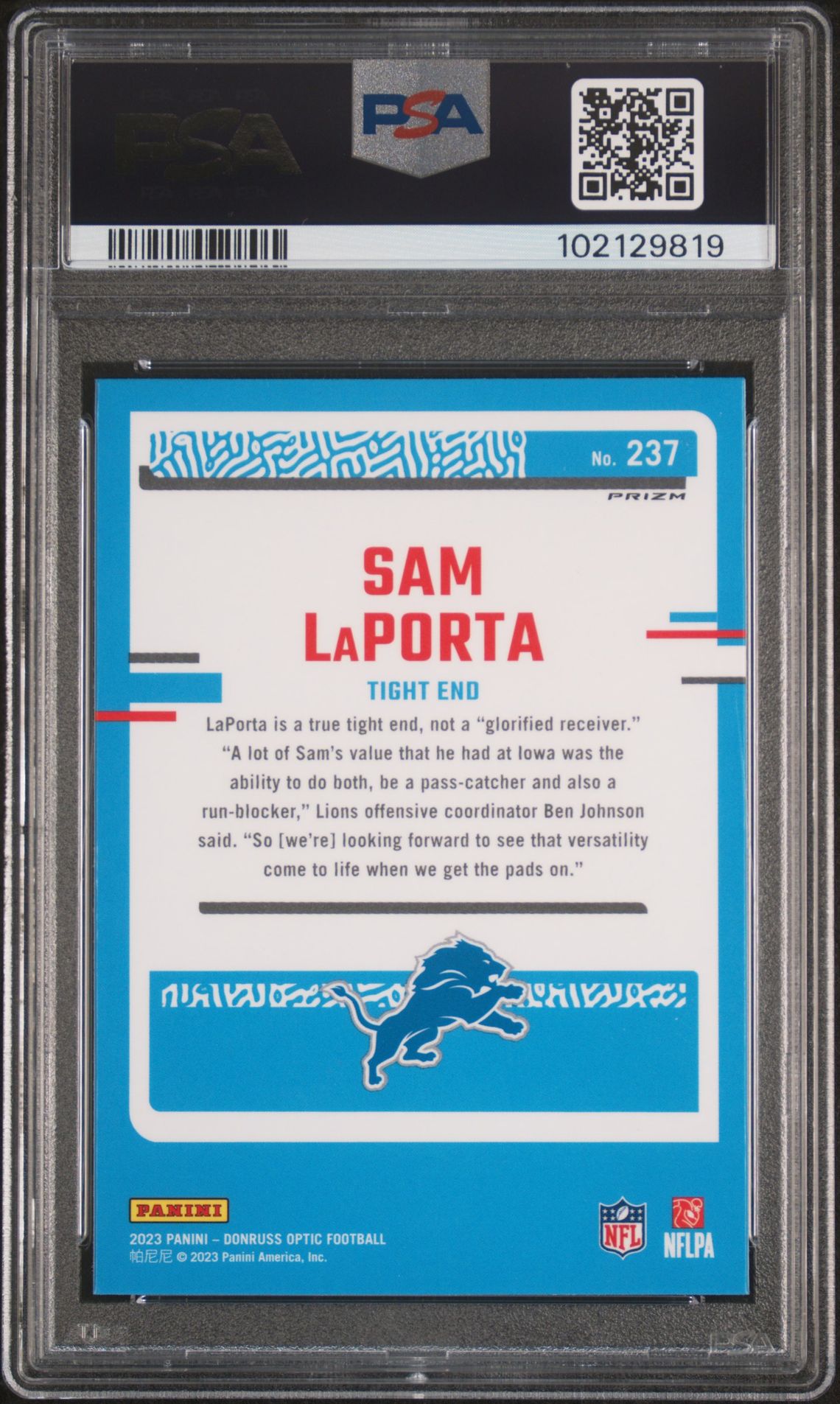 2023 Panini Donruss Optic Sam Laporta #237 (Green Velocity) Gem Mt 10 back