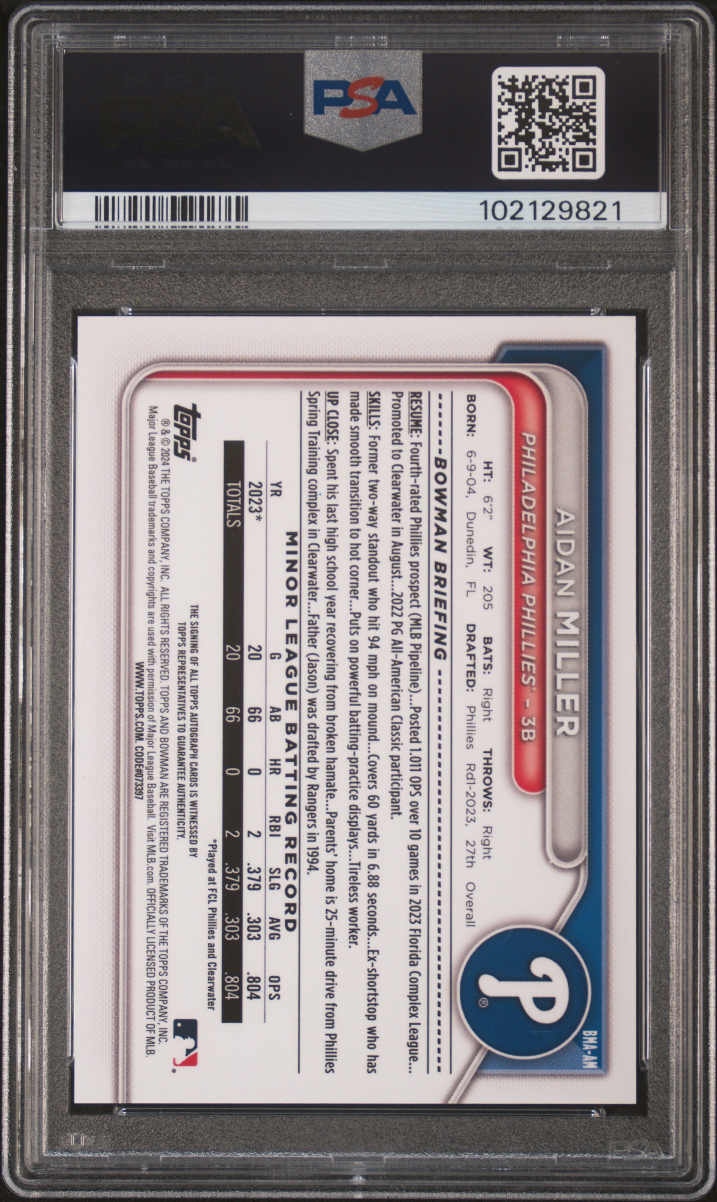 2024 Bowman Mega Box Chrome Bowman Prospect Mega Autographs Aidan Miller #Am (Chrome-Prospect Autograph) Gem Mt 10 back