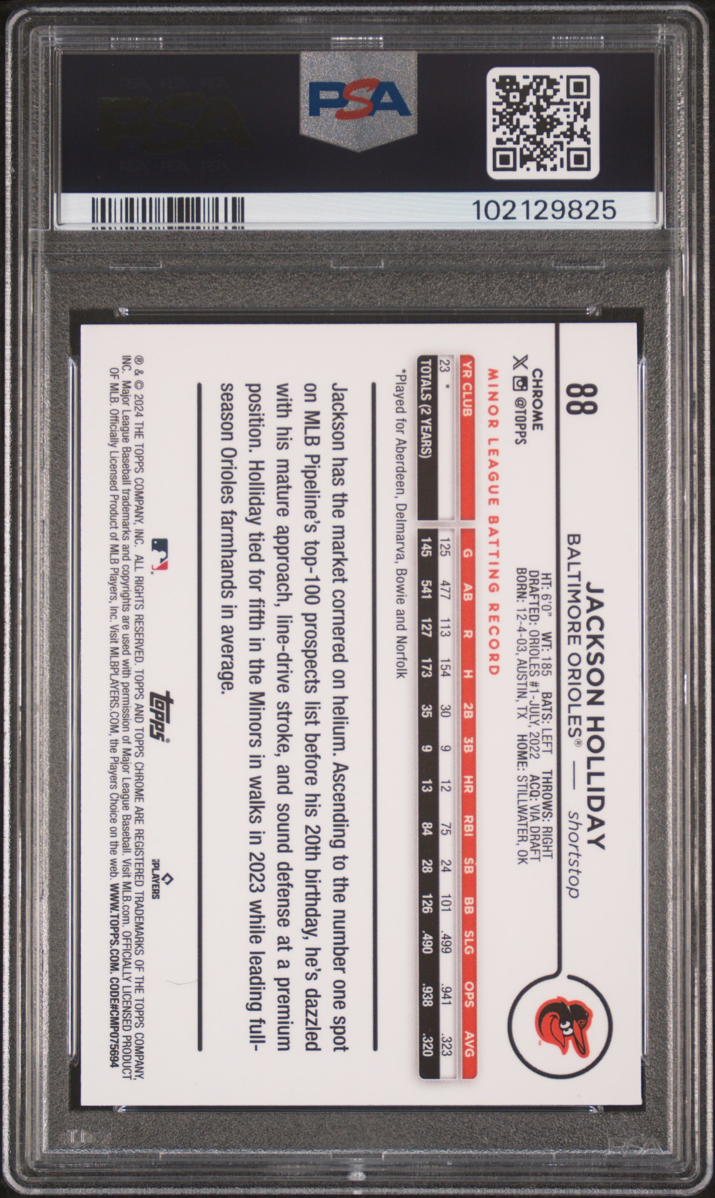 2024 Topps Chrome Jackson Holliday #88 (Green Raywave) Gem Mt 10 back