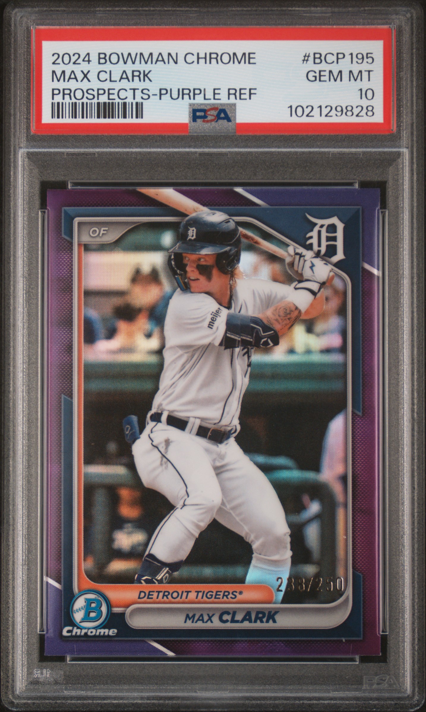 2024 Bowman Chrome Prospects Max Clark #Bcp195 (Prospects-Purple Ref) Gem Mt 10 front