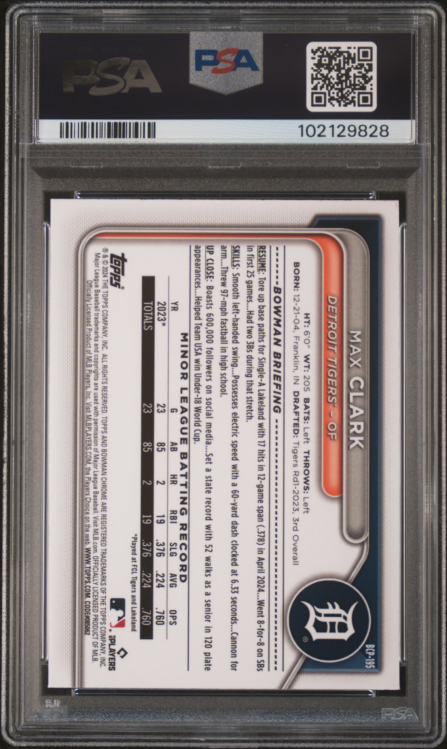 2024 Bowman Chrome Prospects Max Clark #Bcp195 (Prospects-Purple Ref) Gem Mt 10 back