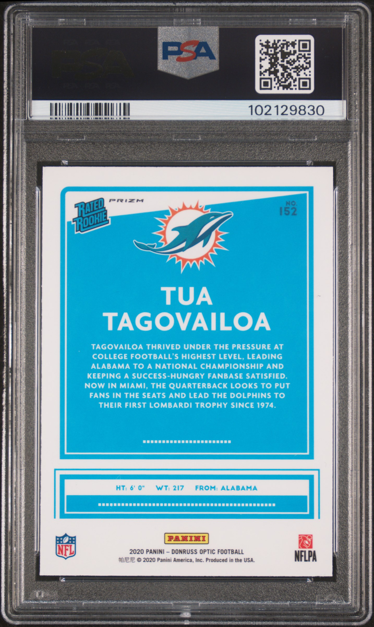 2020 Panini Donruss Optic Tua Tagovailoa #152 (Holo) Gem Mt 10 back