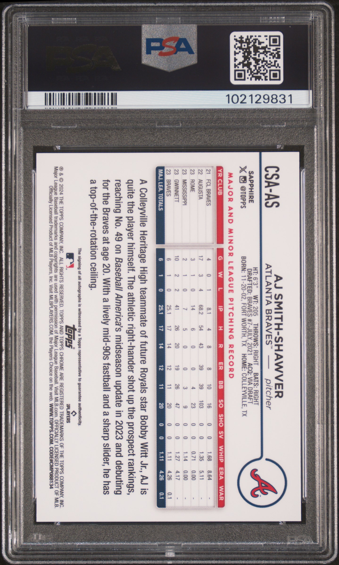 2024 Topps Chrome Sapphire Chrome Sapphire Autographs Aj Smith-Shawver #Csaas (Autograph-Green) Gem Mt 10 back