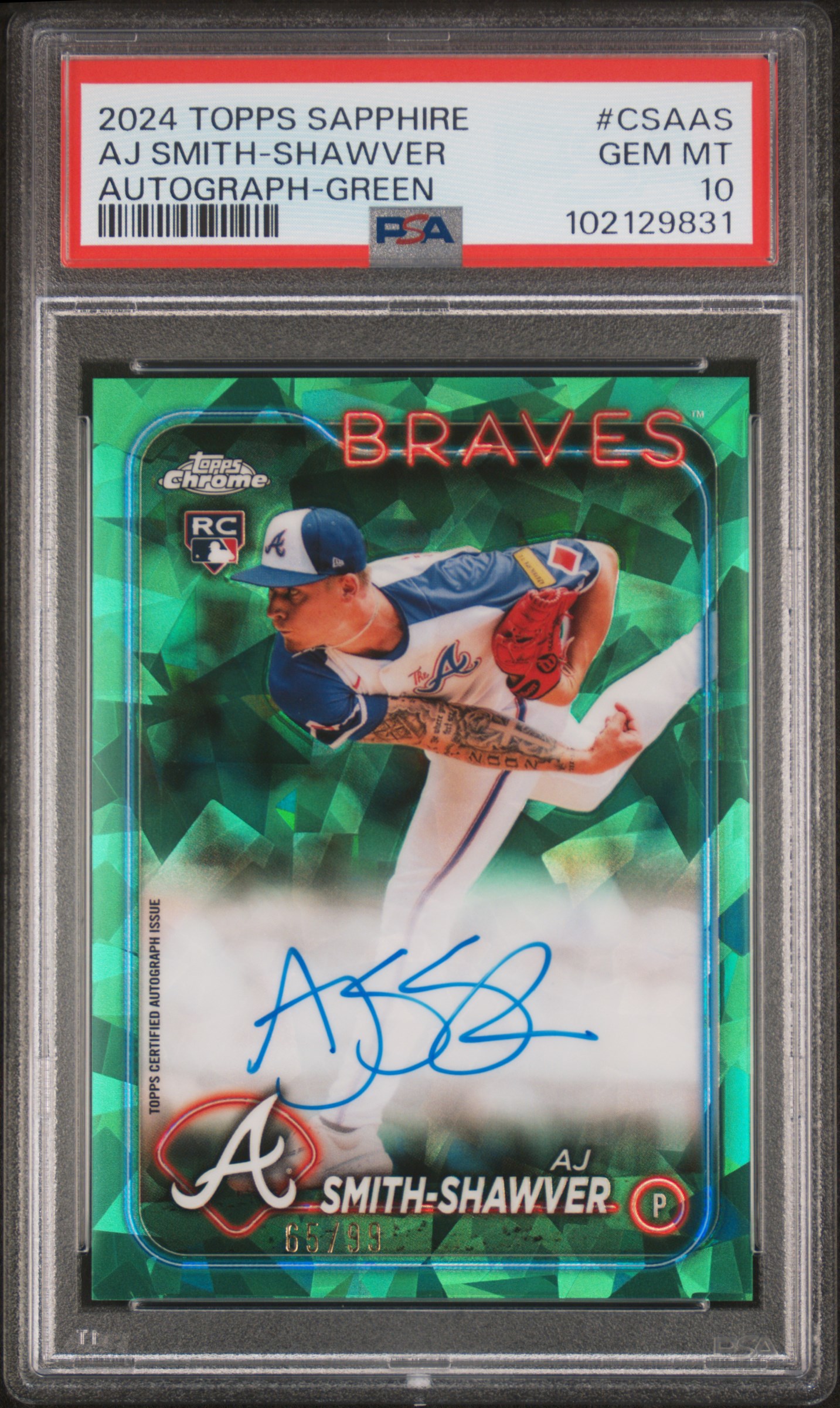 2024 Topps Chrome Sapphire Chrome Sapphire Autographs Aj Smith-Shawver #Csaas (Autograph-Green) Gem Mt 10 front