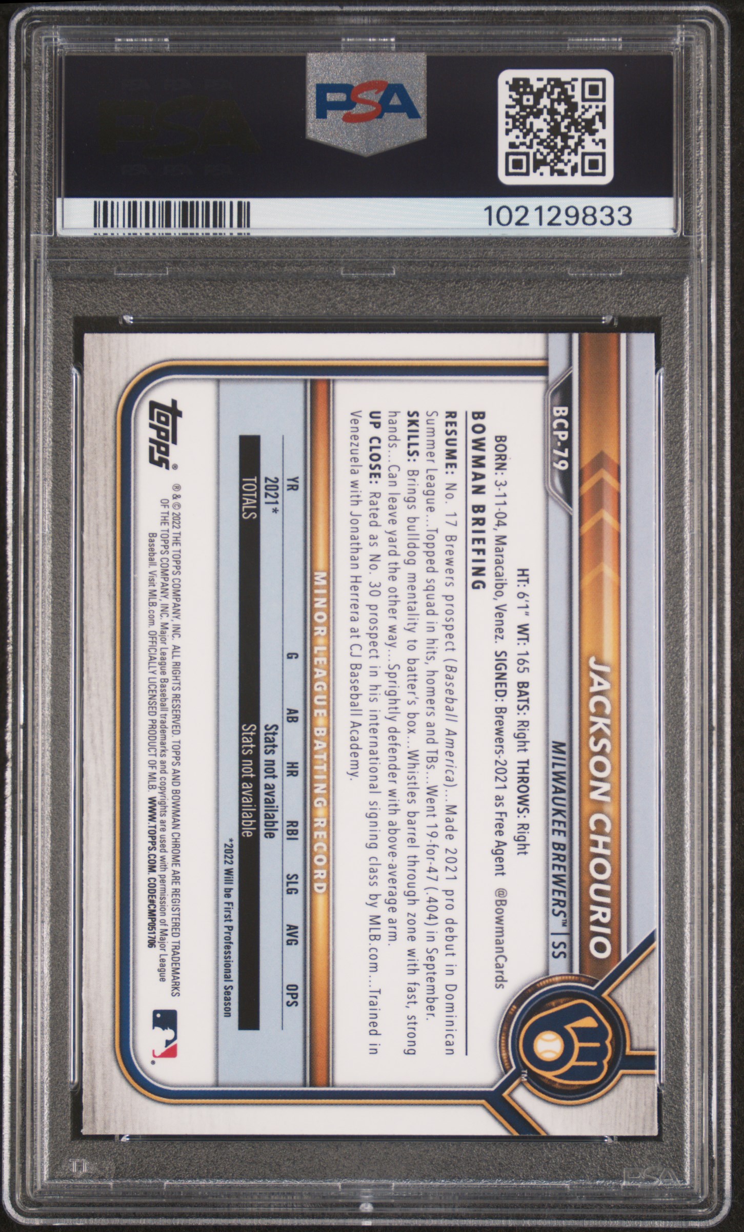 2022 Bowman Chrome Prospects Jackson Chourio #Bcp79 (Chrome Prospects) Gem Mt 10 back