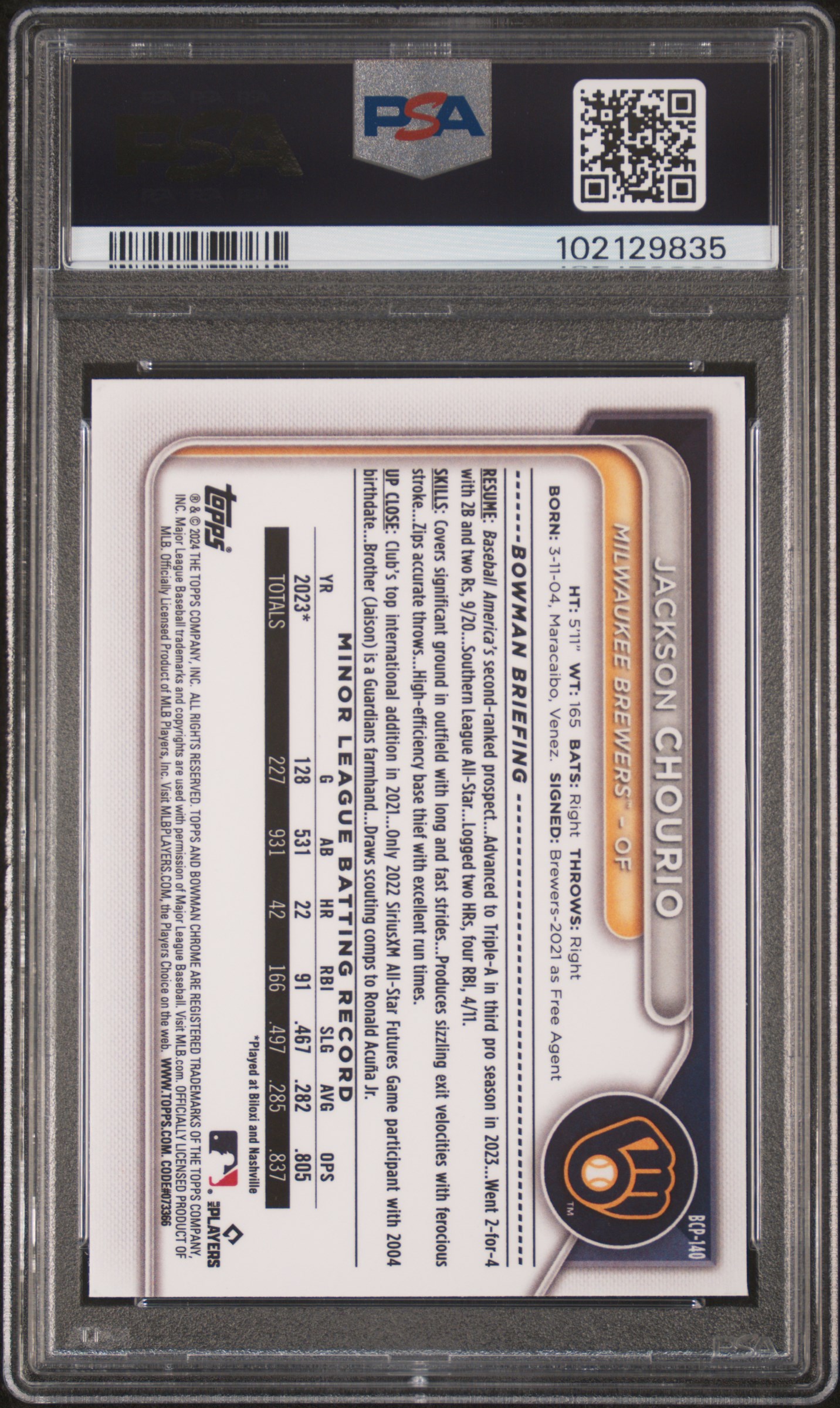 2024 Bowman Mega Box Chrome Prospects Jackson Chourio #140 Gem Mt 10 back