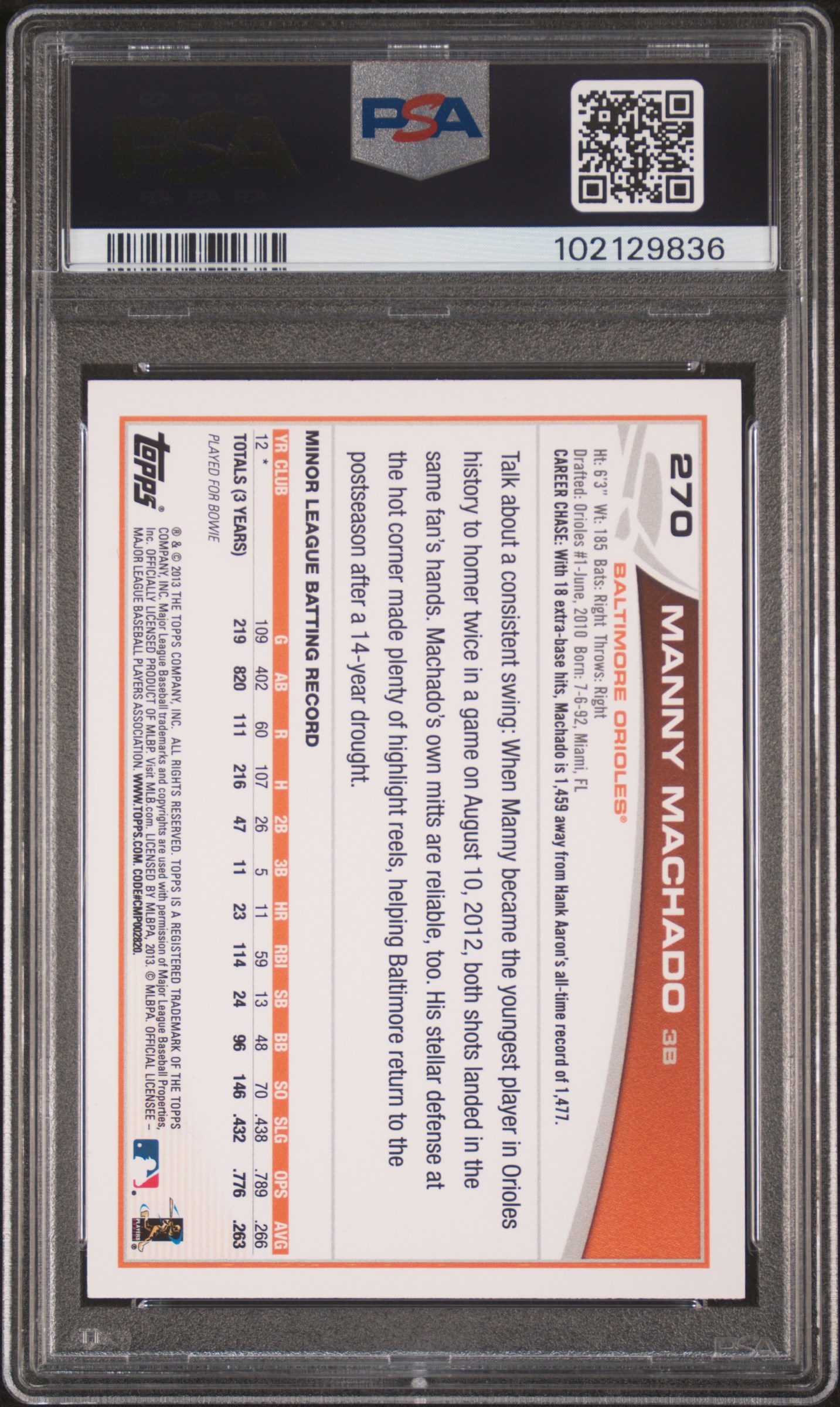 2013 Topps Manny Machado #270 (Fielding) Nm-Mt 8 back