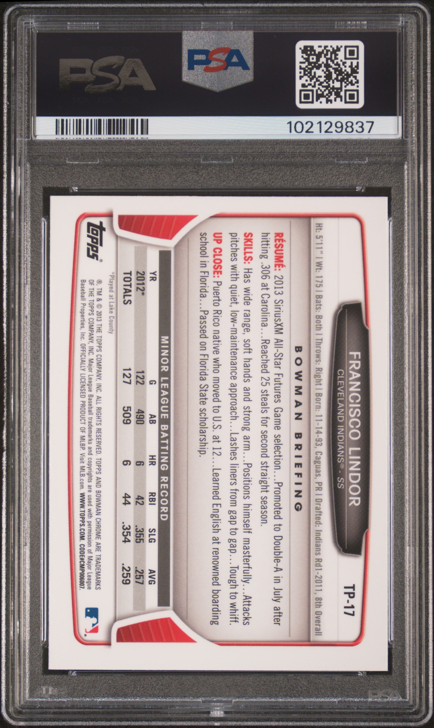 2013 Bowman Chrome Draft Picks & Prospects Top Prospects Francisco Lindor #Tp-17 (Dp & Pros.top Prospects) Gem Mt 10 back