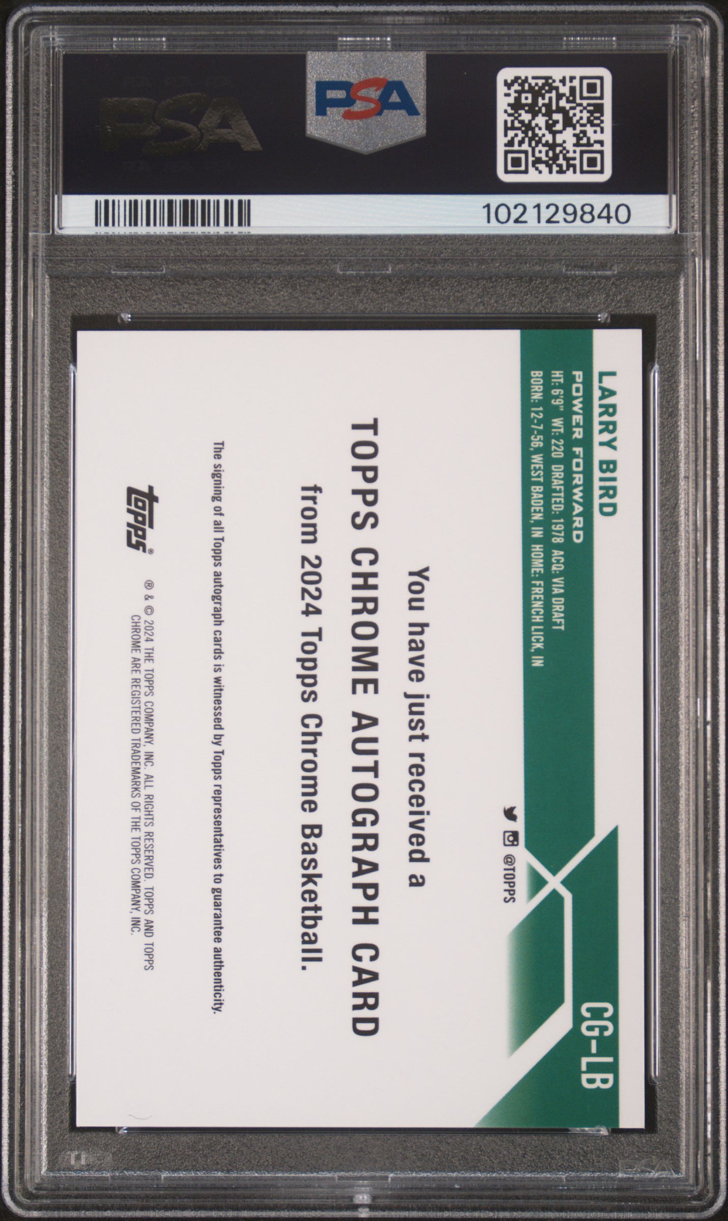 2023 Topps Chrome Topps Chrome Autographs Larry Bird #Cglb (Autograph-Red Refractor) Gem Mt 10 back