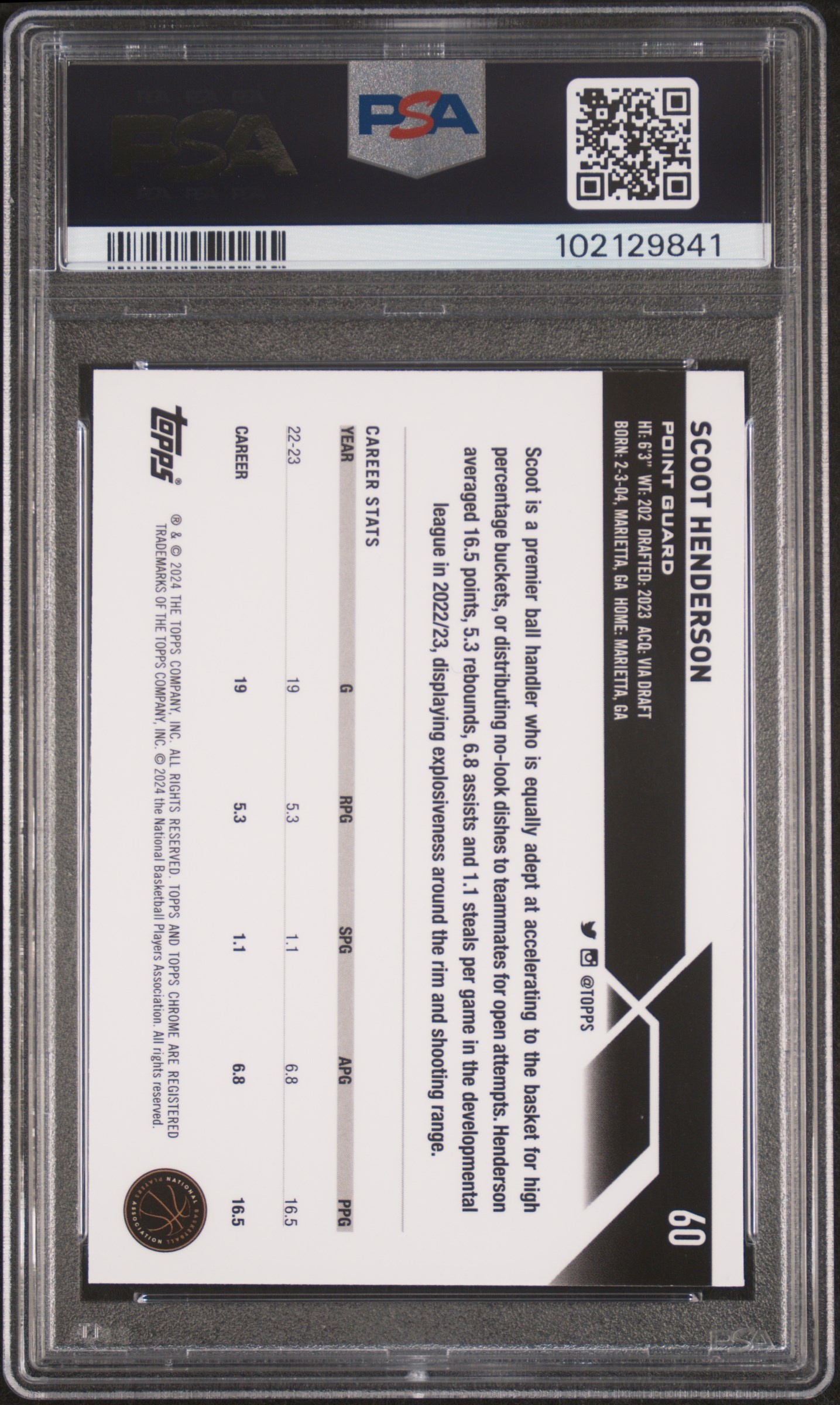 2023 Topps Chrome Scoot Henderson #60 (Pink Refractor) Mint 9 back