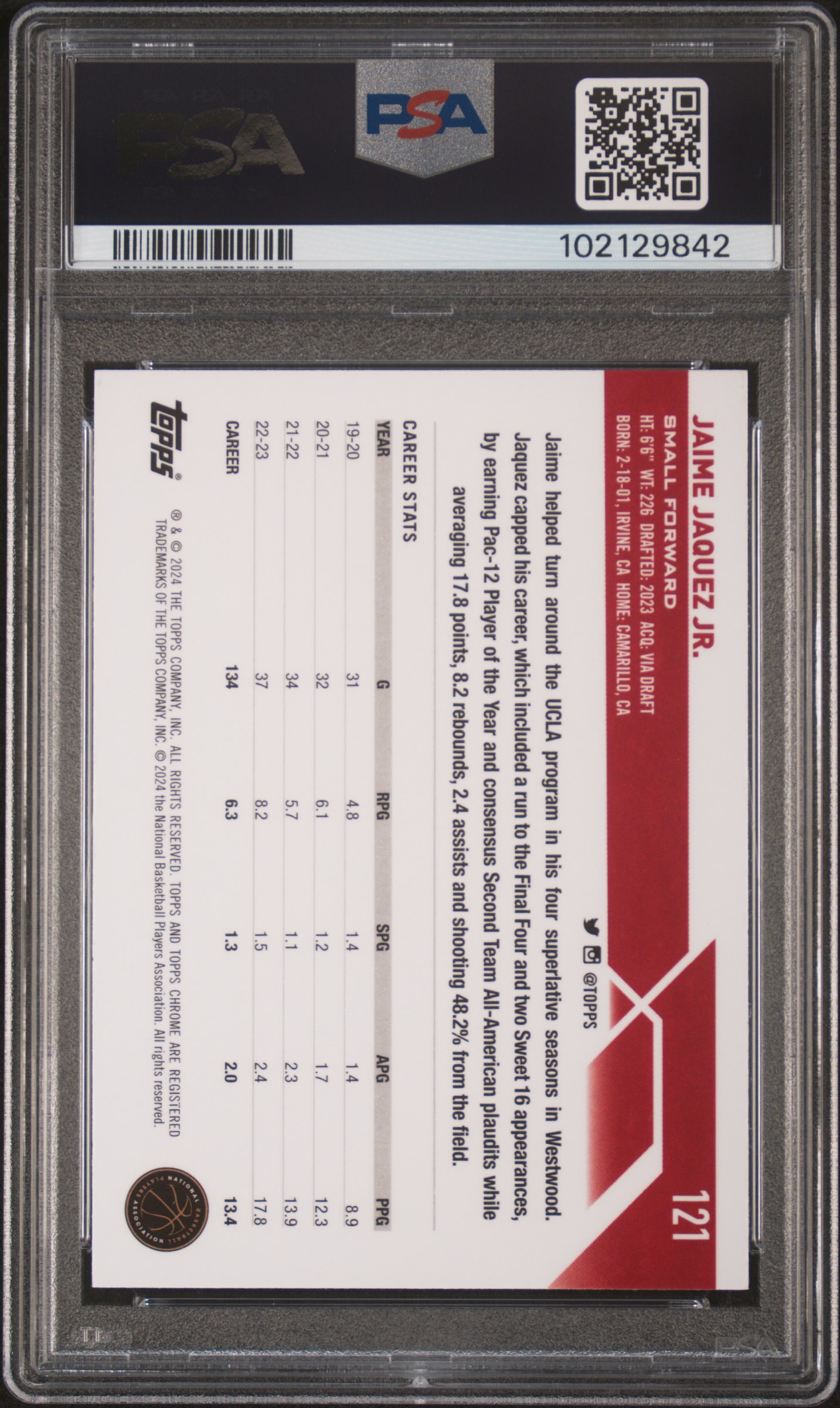 2023 Topps Chrome Jaime Jaquez Jr. #121 (Negative Refractor) Gem Mt 10 back