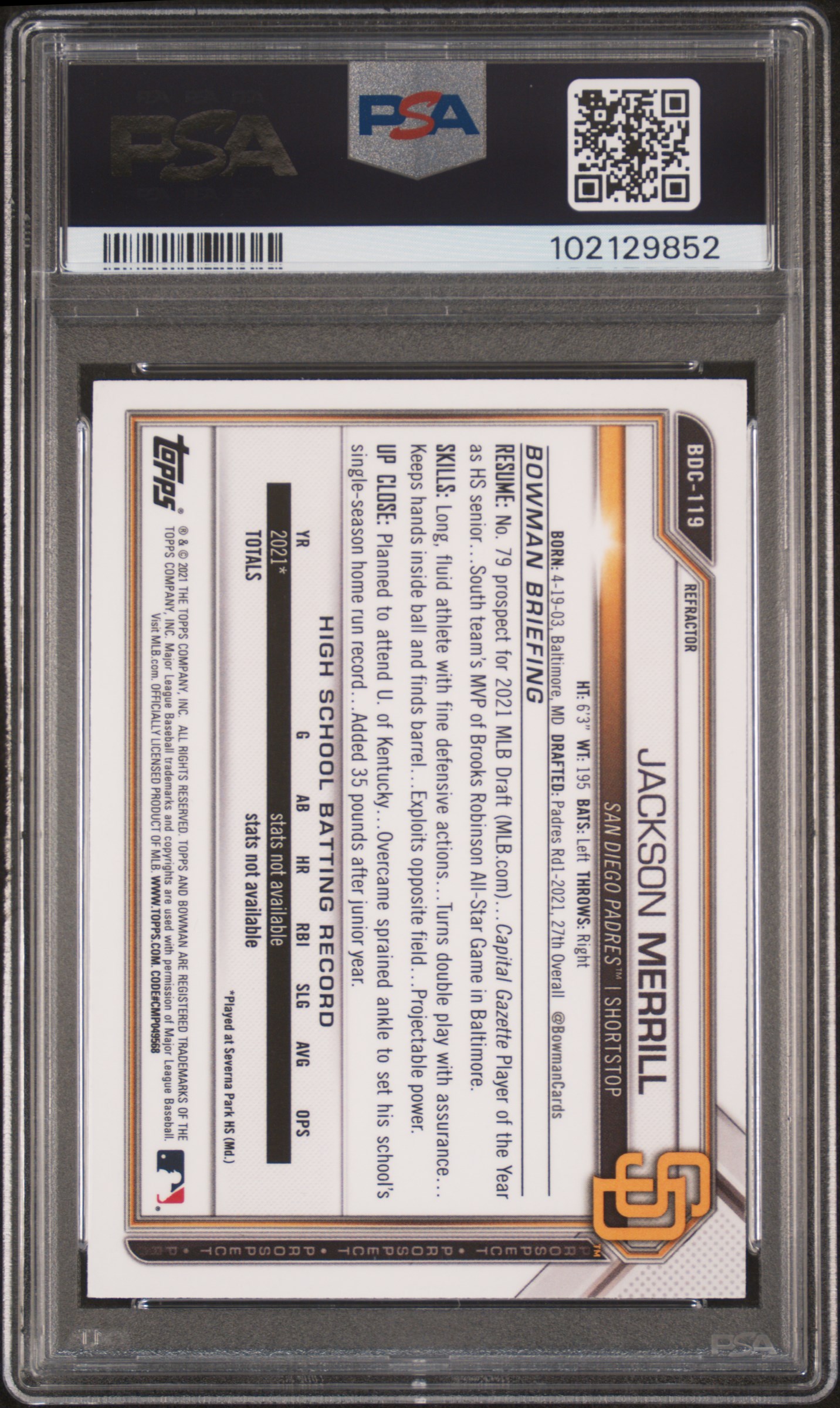 2021 Bowman Draft Jackson Merrill #Bdc119 (Chrome-Refractor) Mint 9 back