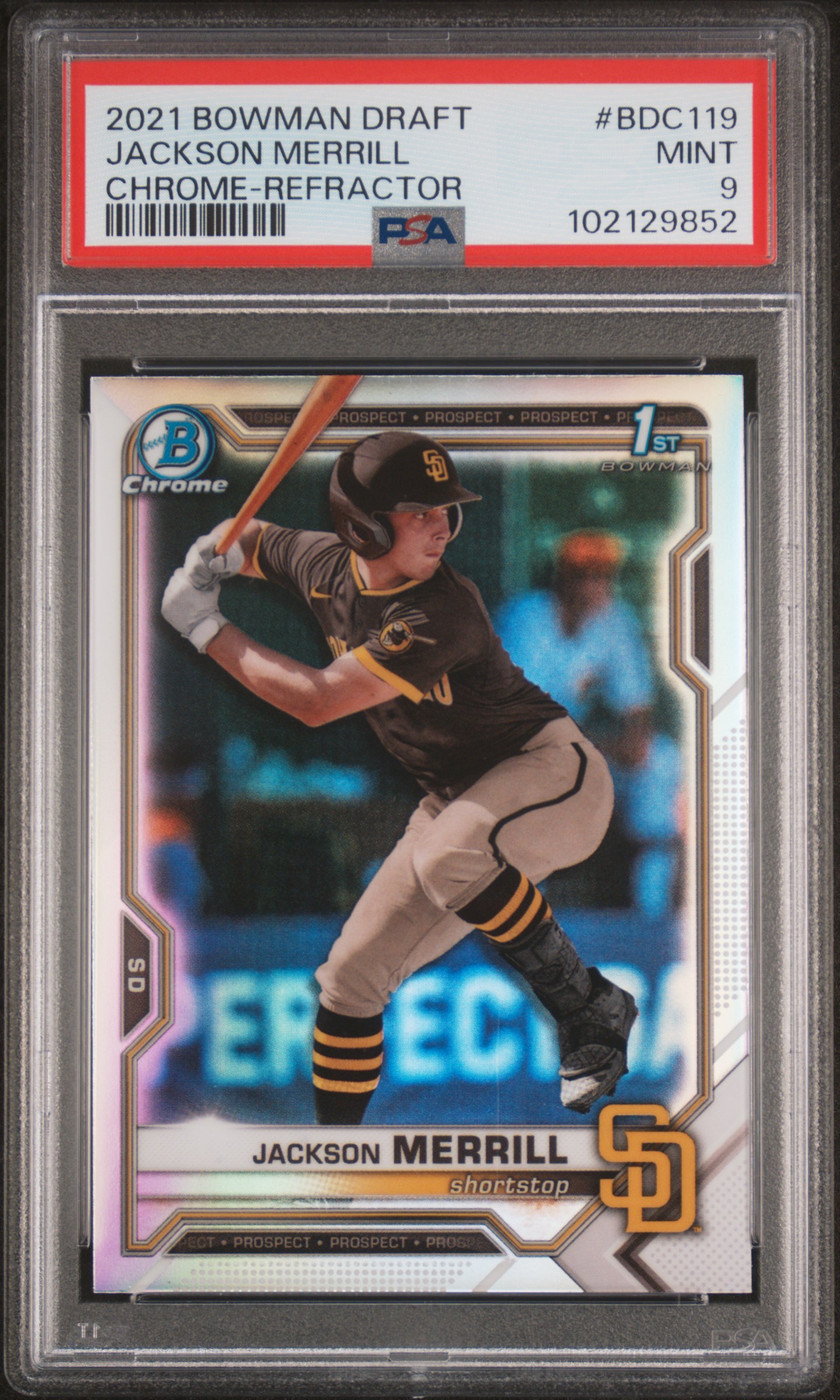 2021 Bowman Draft Jackson Merrill #Bdc119 (Chrome-Refractor) Mint 9 front