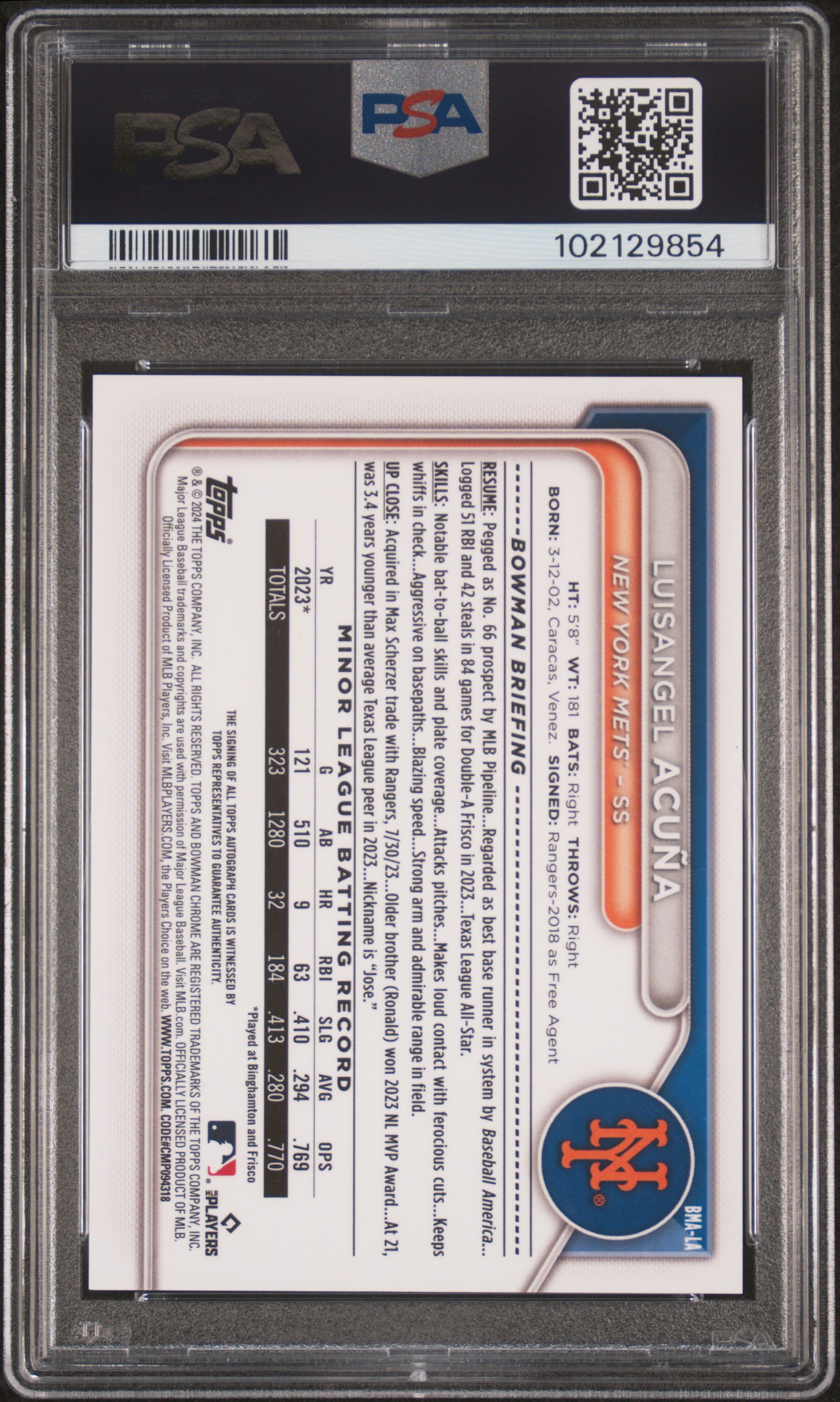 2024 Bowman Mega Box Chrome Bowman Prospect Mega Autographs Luisangel Acuna #La (Prospects Autograph) Mint 9 back