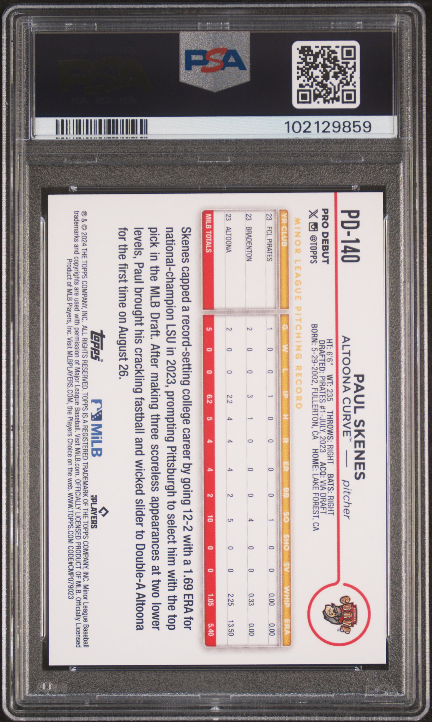 2024 Topps Pro Debut Paul Skenes #Pd140 Mint 9 back