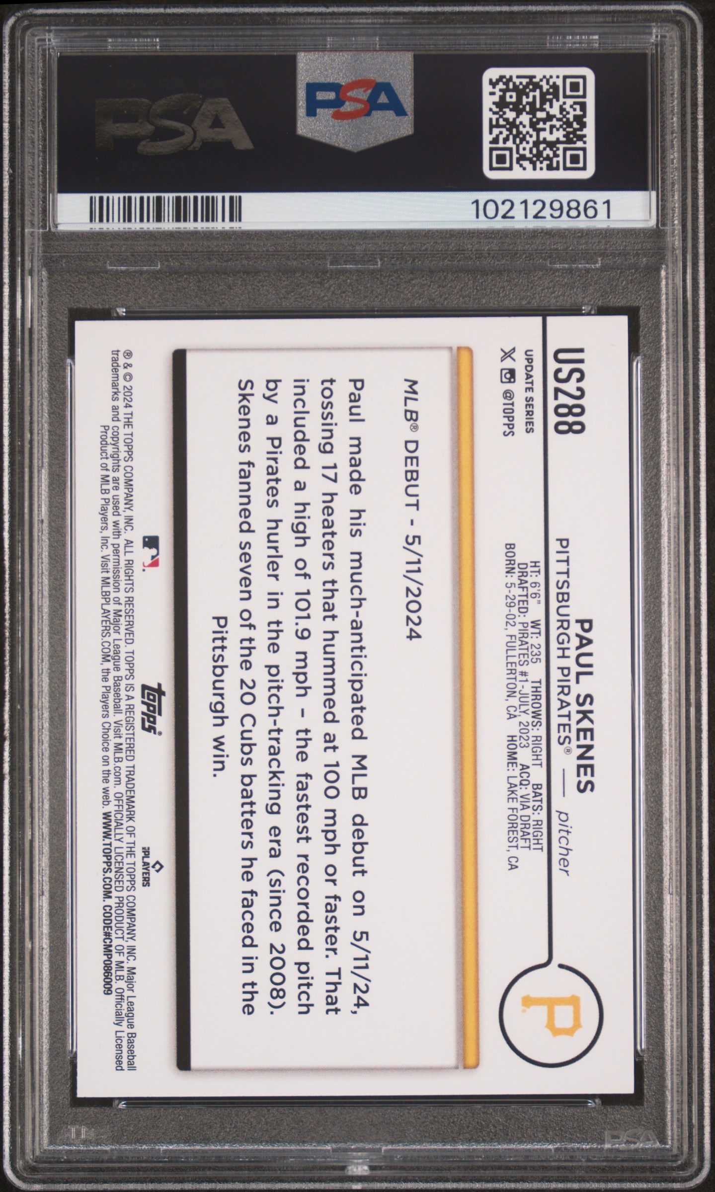 2024 Topps Update Paul Skenes #Us288 Gem Mt 10 back