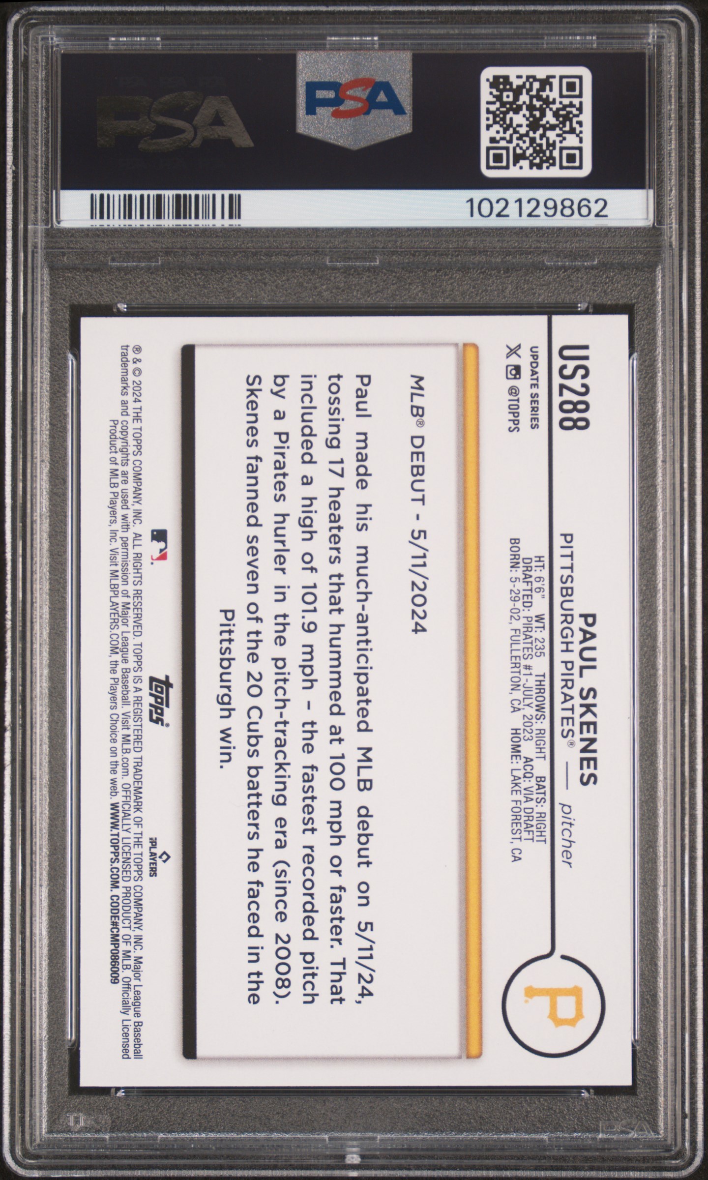2024 Topps Update Paul Skenes #Us288 Gem Mt 10 back