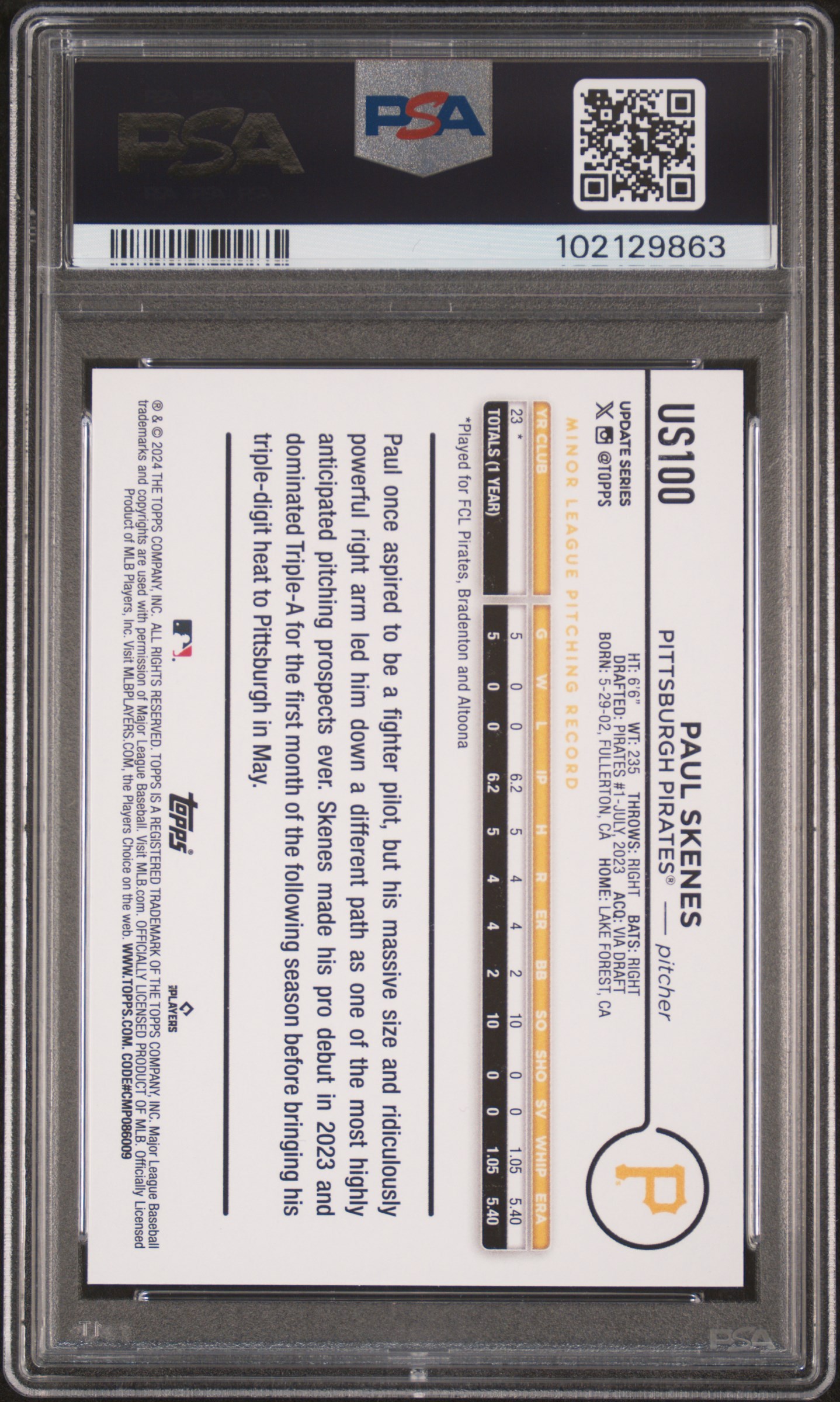 2024 Topps Update Paul Skenes #Us100 Mint 9 back