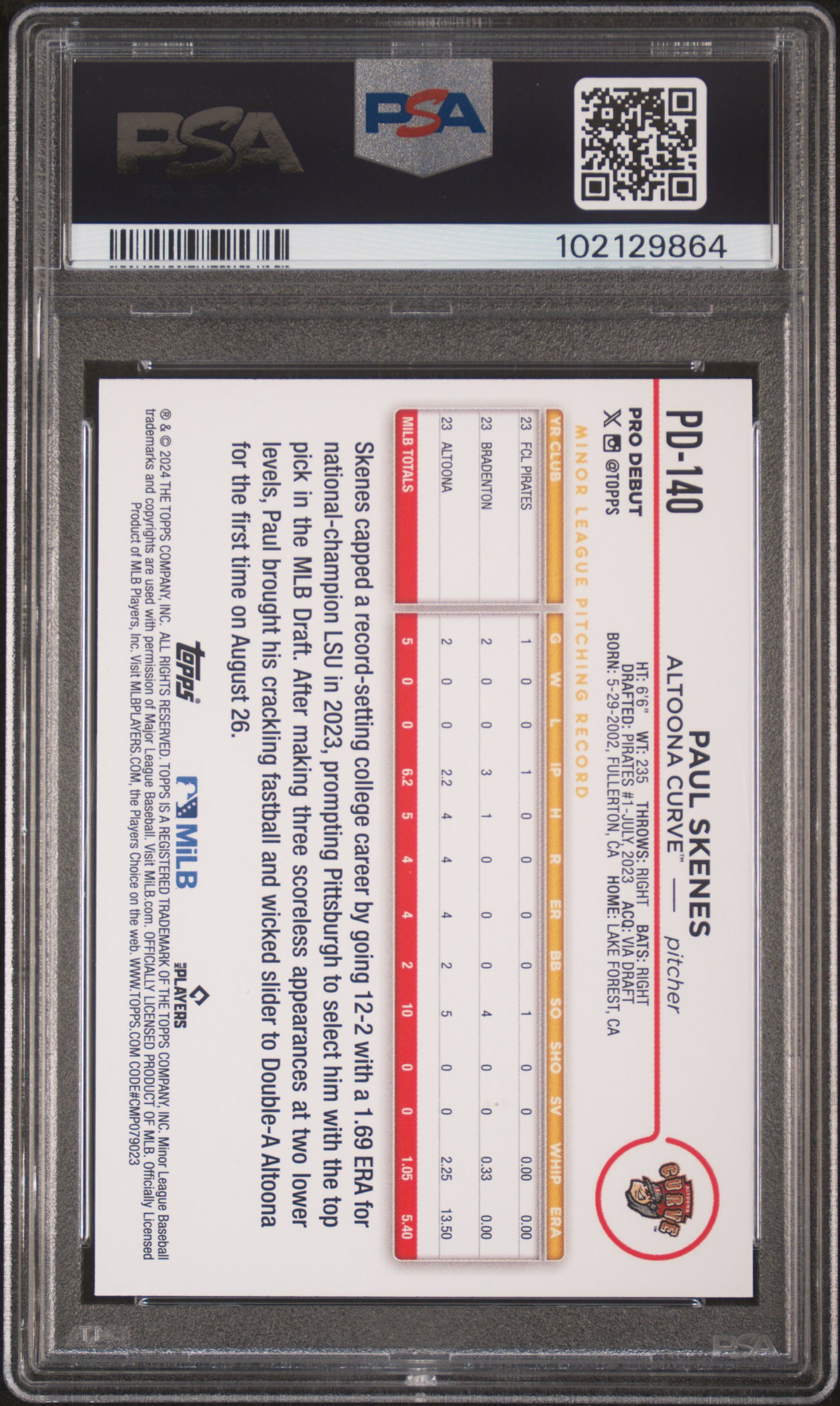 2024 Topps Pro Debut Paul Skenes #Pd140 Gem Mt 10 back