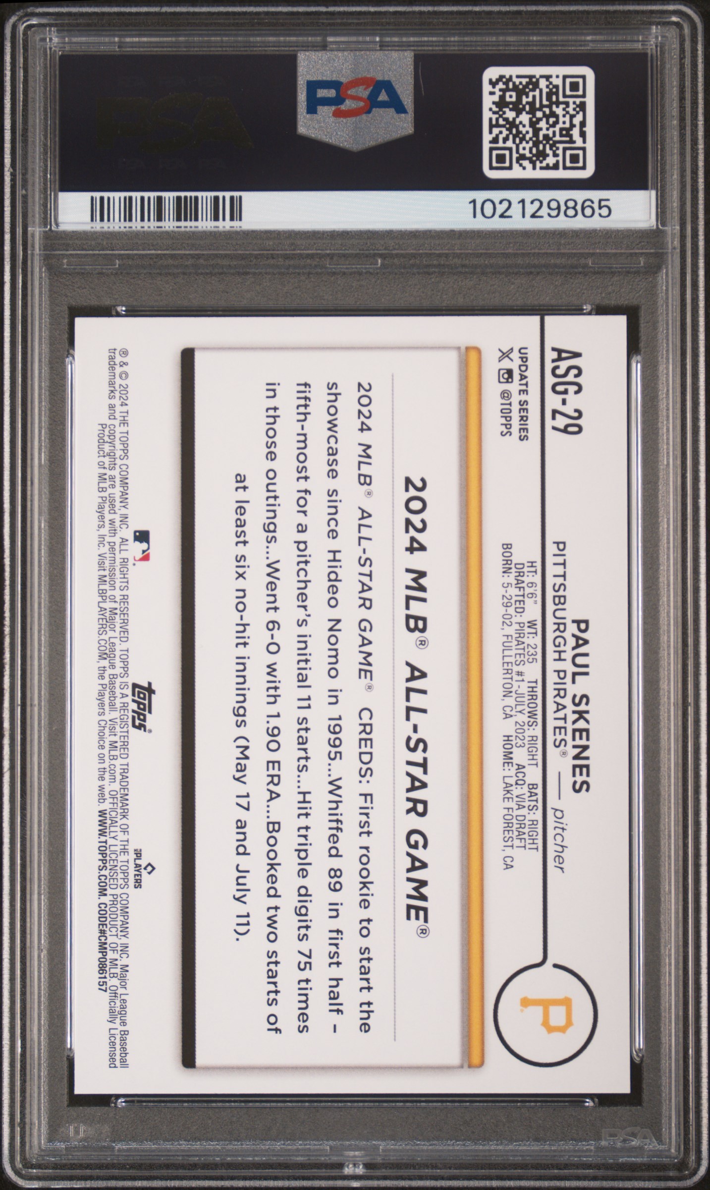 2024 Topps Update 2024 All-Star Game Paul Skenes #Asg29 Gem Mt 10 back