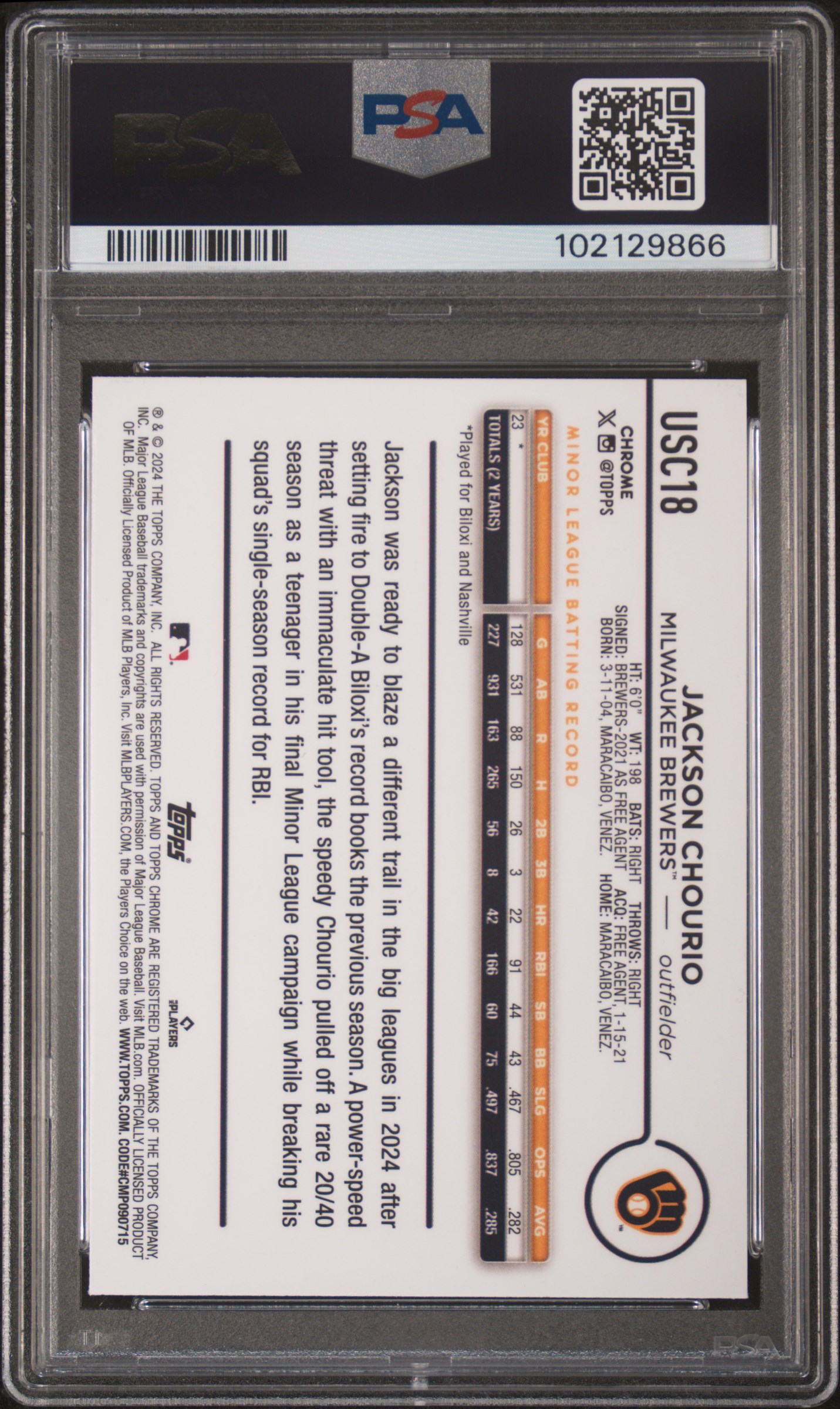 2024 Topps Chrome Update Jackson Chourio #Usc18 (X-Fractor) Gem Mt 10 back