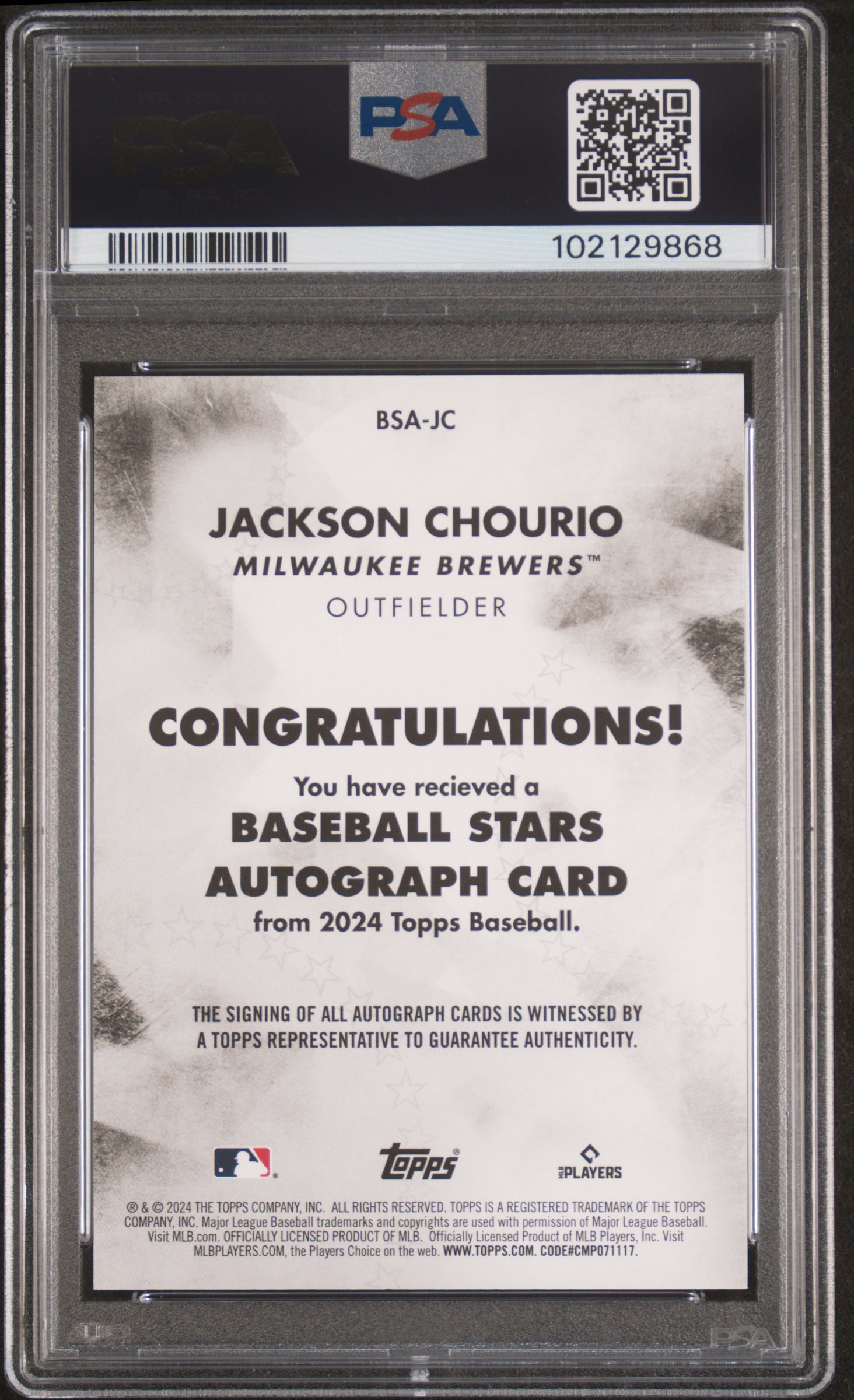2024 Topps Baseball Stars Autographs Jackson Chourio #Bsajc (Update) Gem Mt 10 back