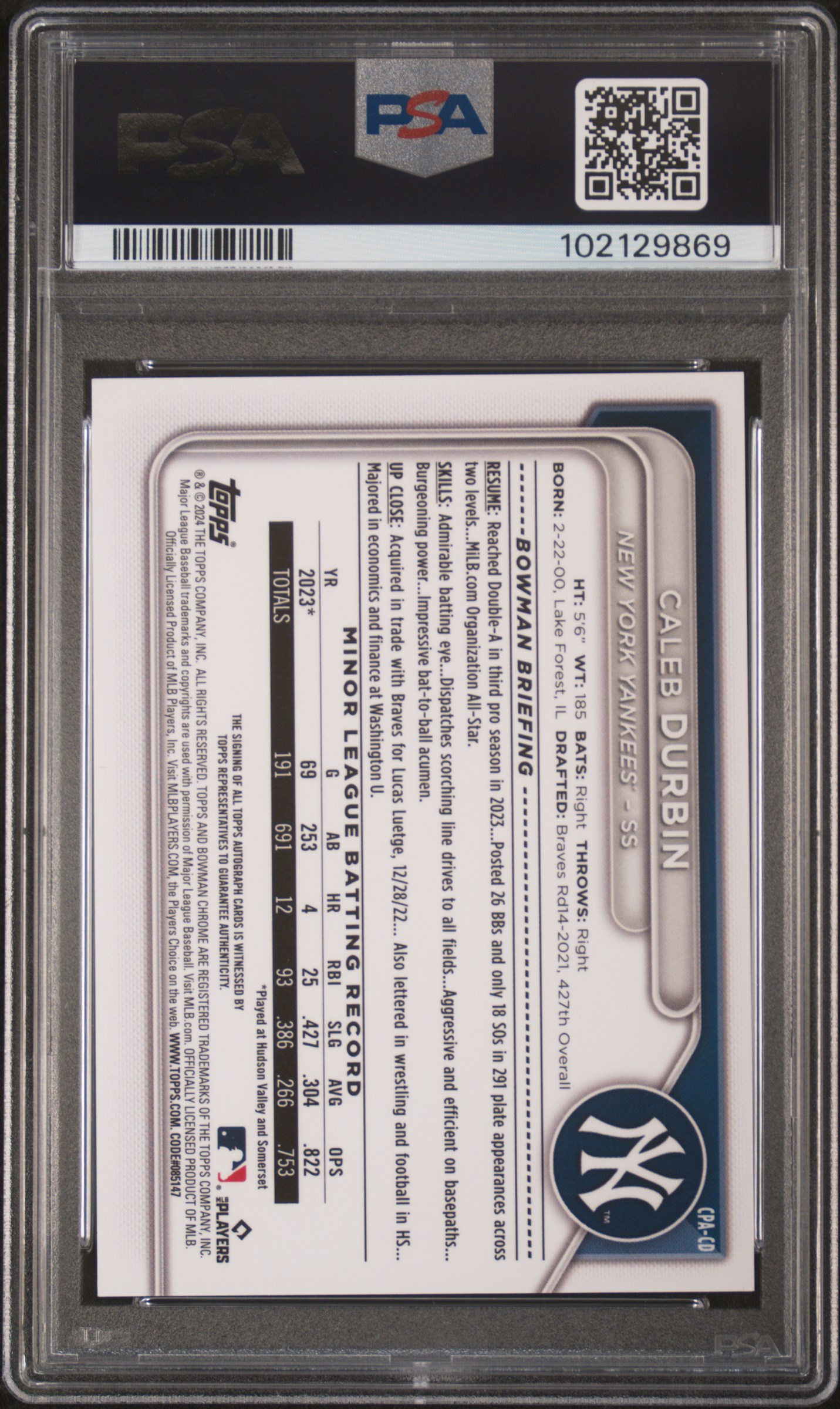 2024 Bowman Chrome Prospect Autographs Caleb Durbin #Cpacd (Prospect Auto-Speckle Ref) Gem Mt 10 back